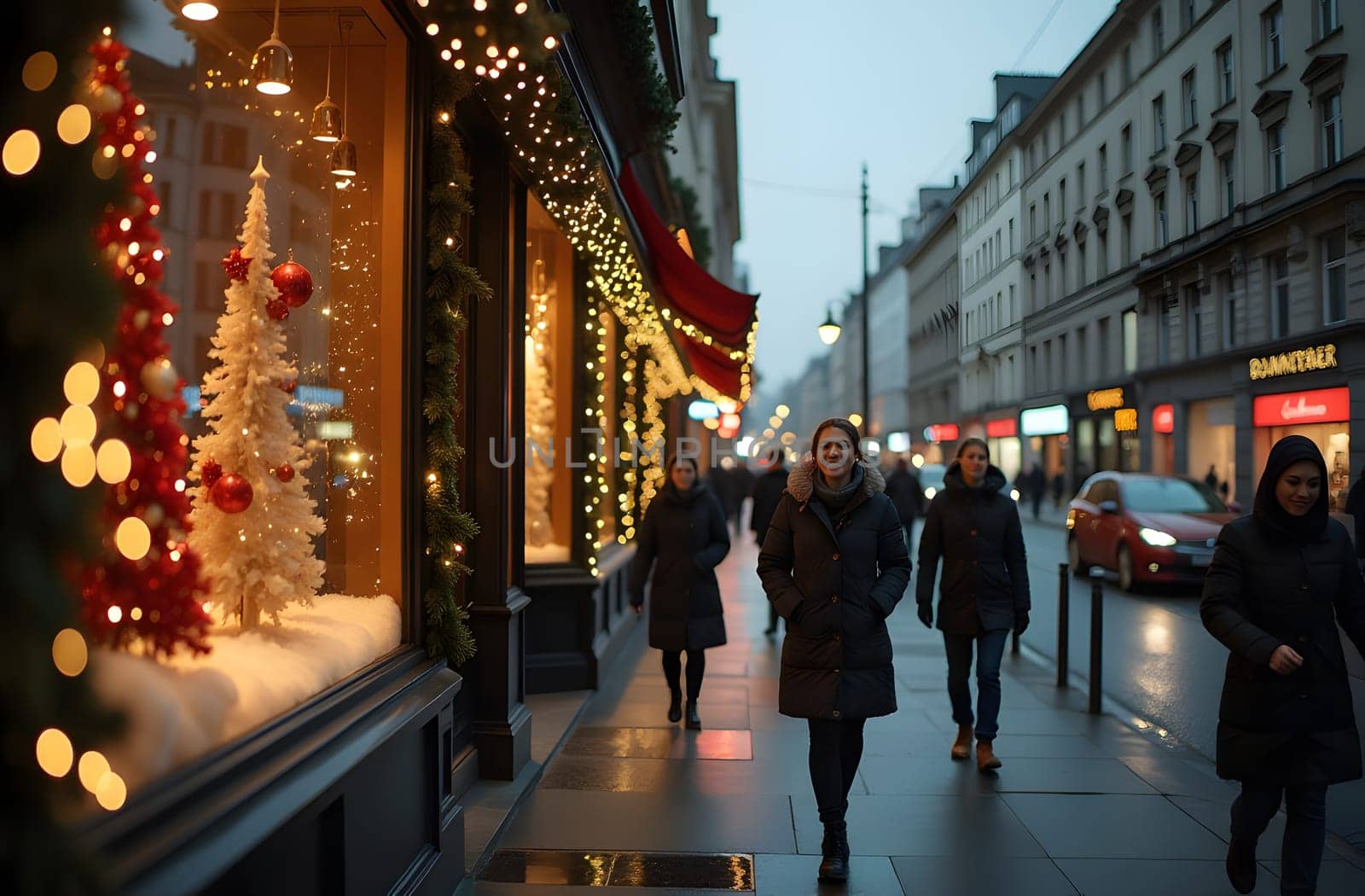 A bustling city street with store windows beautifully decorated with garlands, toys, and glowing Christmas trees. Passersby smile as they stroll, enjoying the festive atmosphere in the air
