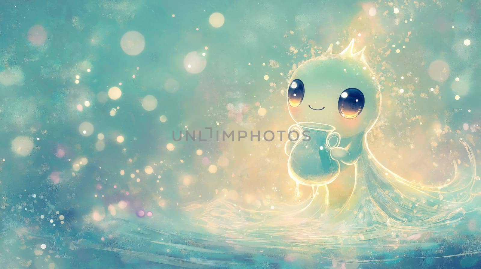A delightful pastel illustration portrays a charming little water sprite holding a jar, set against a dreamy background. the scene exudes a whimsical and magical atmosphere, ideal for fantasy-themed designs and storytelling.
