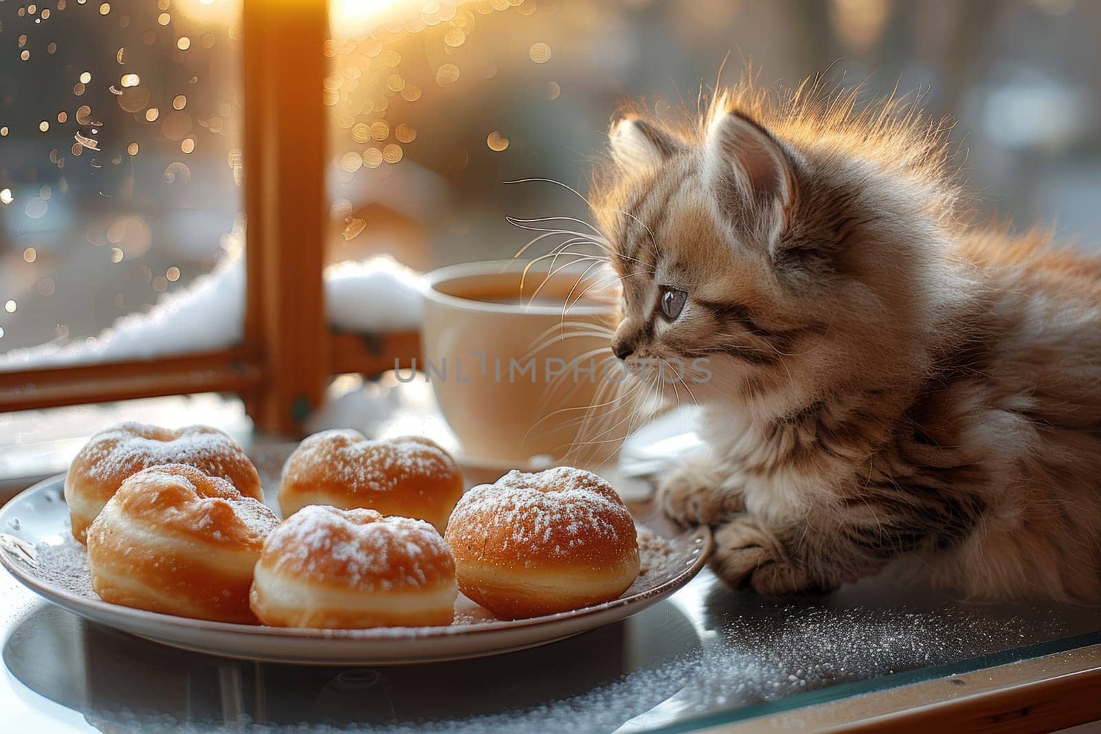 A playful little kitten curiously gazes at a few fluffy powdered donuts lying on a plate by a snowy window