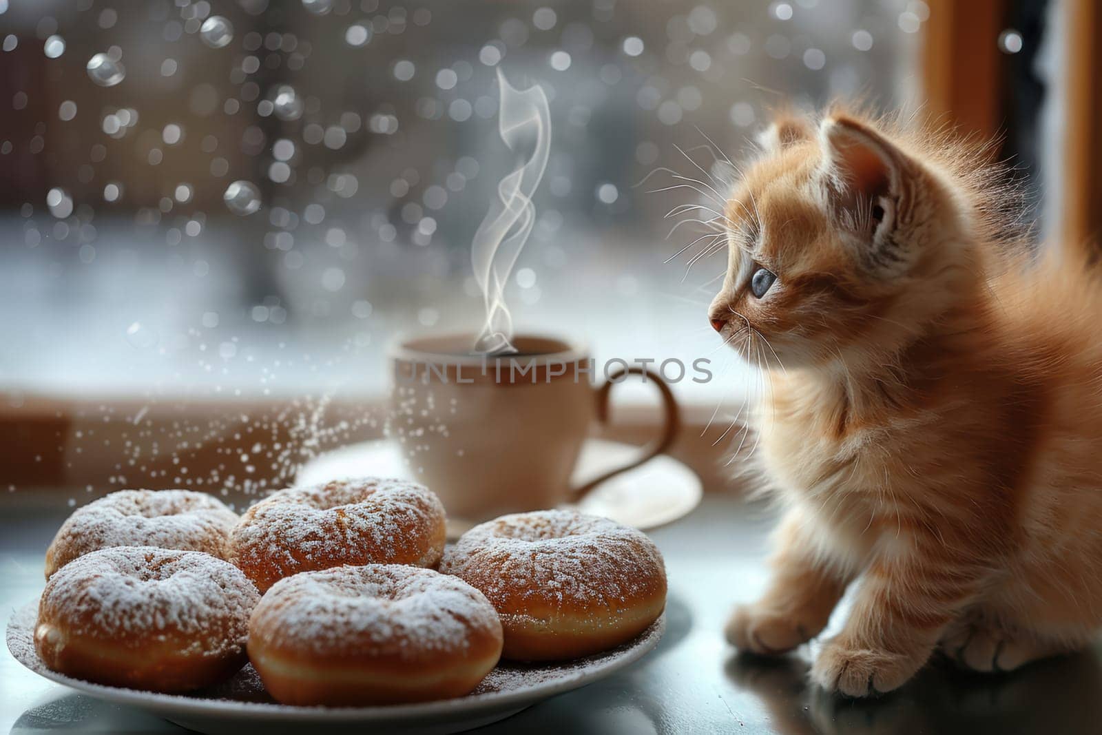 A charming winter scene featuring a curious kitten by a plate of powdered donuts and a steaming cup.