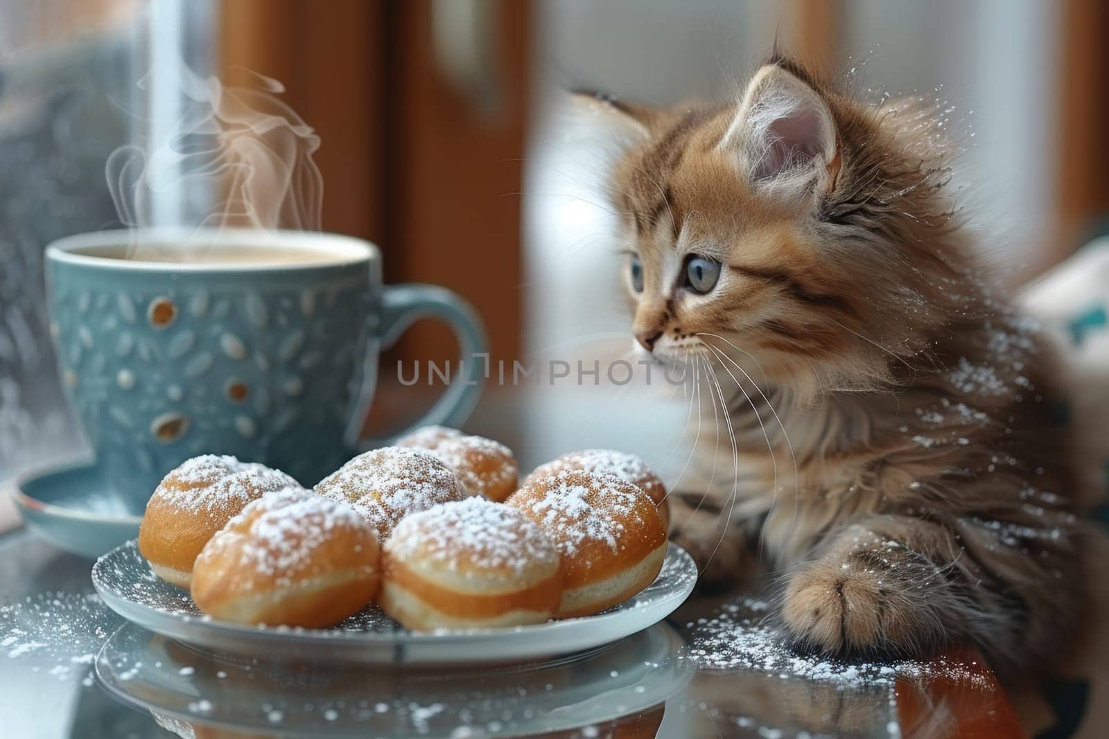 A fluffy cat curiously gazes at a variety of delicious donuts sitting next to a steaming cup of coffee