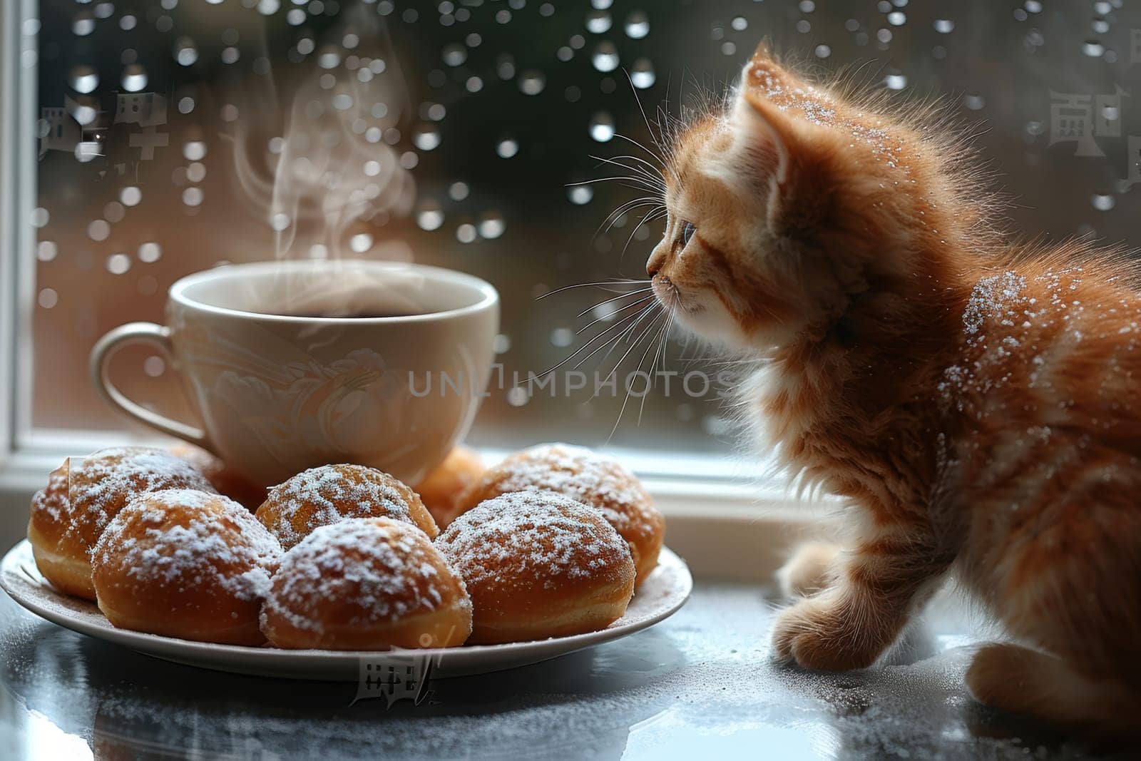 A charming ginger cat gazes at a steaming coffee cup and sweet donuts by the window in a cozy snowy scene