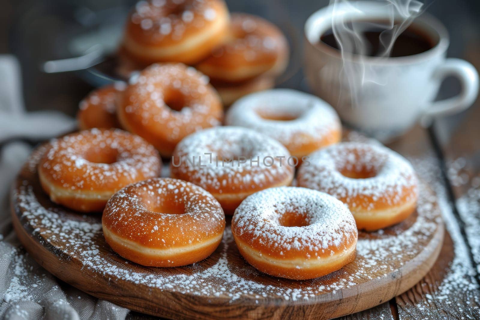 Irresistibly delicious donuts generously dusted with sweet powdered sugar, perfectly paired with steaming coffee