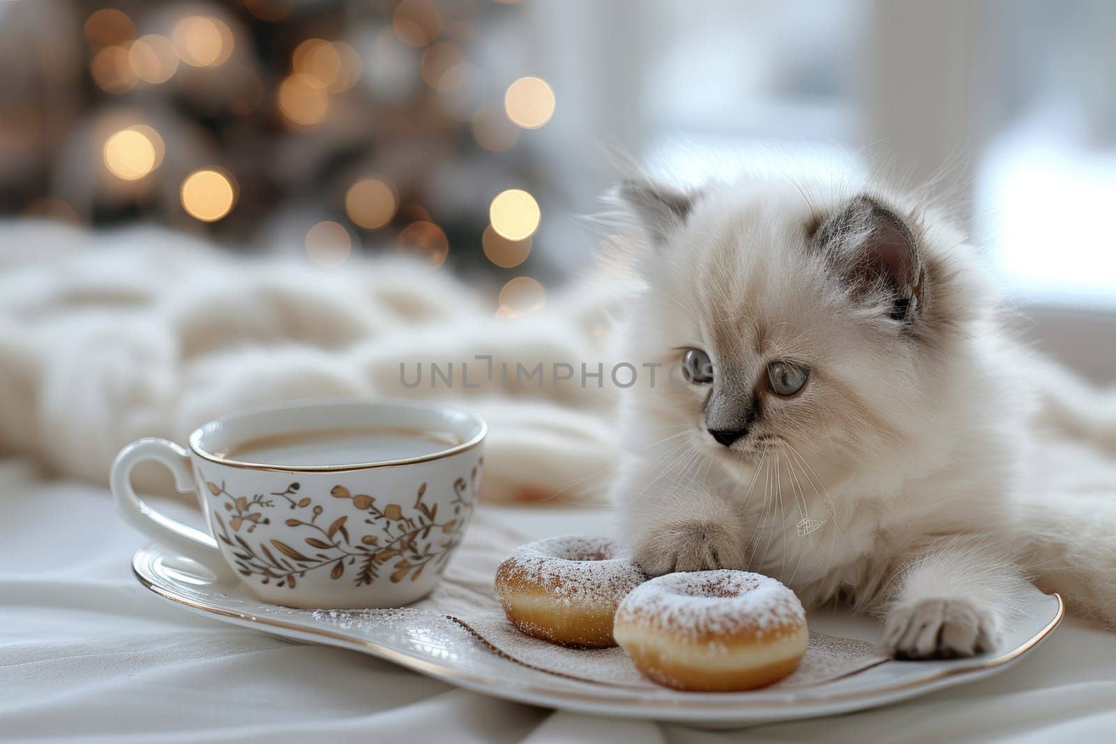 Imagine a serene winter scene that features an absolutely adorable fluffy kitten enjoying tea and delicious pastries