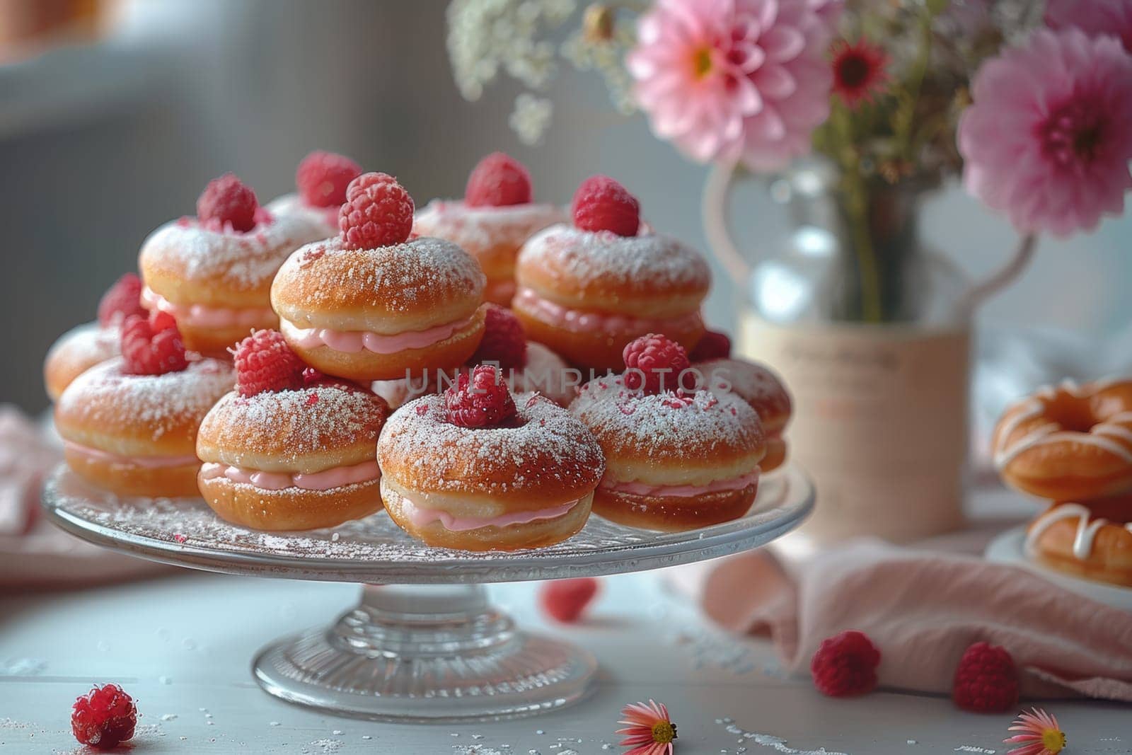A plate of delicious donuts topped with fresh raspberries and powdered sugar, creating an enticing visual appeal