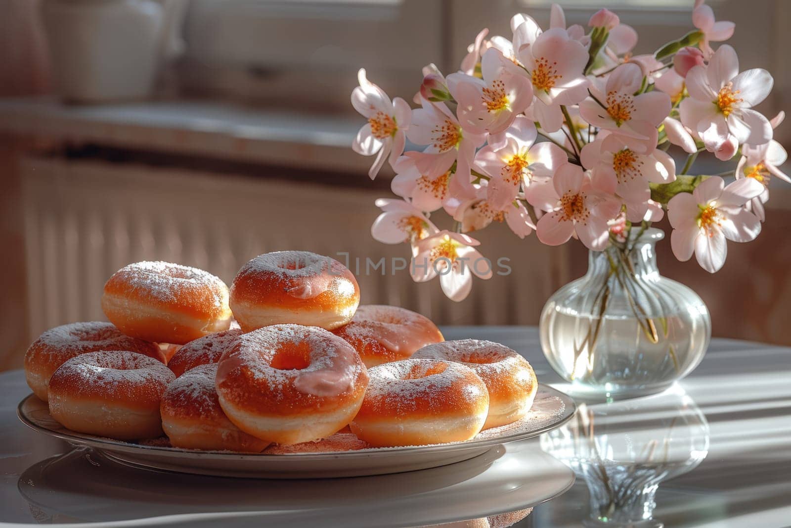 Delicious and beautifully arranged donuts, accompanied by vibrant pink flowers, creating a cozy and inviting ambiance