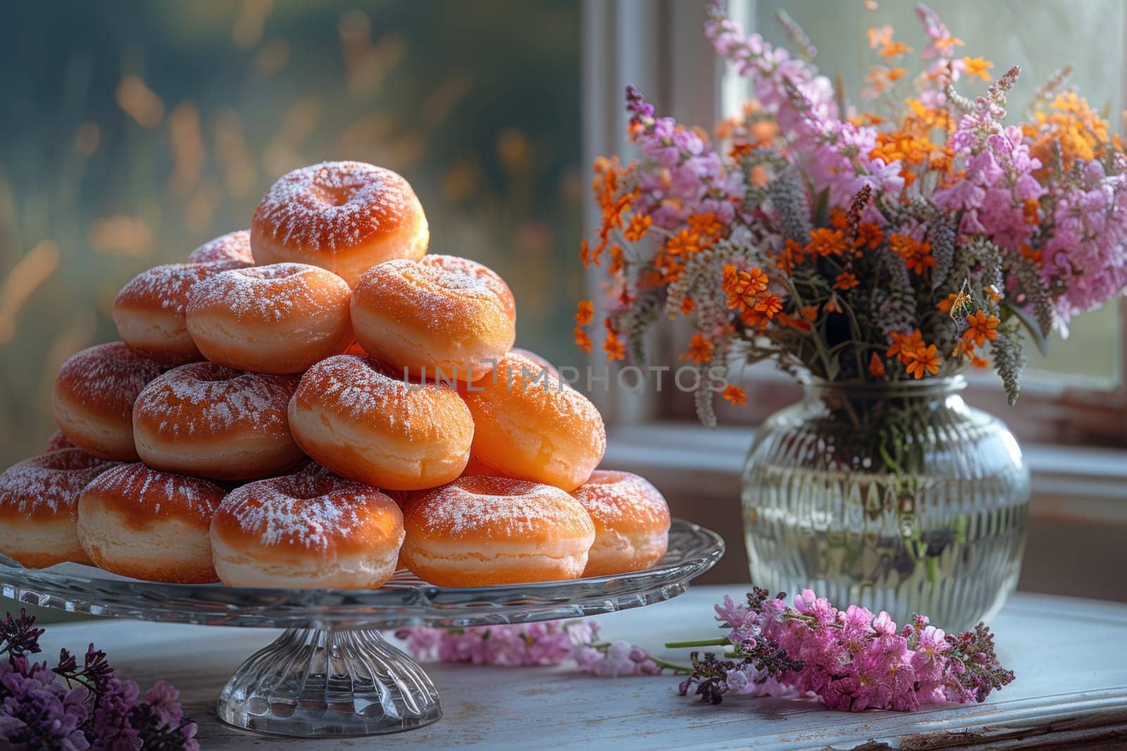 A beautiful display of delightful donuts arranged on a cake stand, surrounded by vibrant flowers for cheer