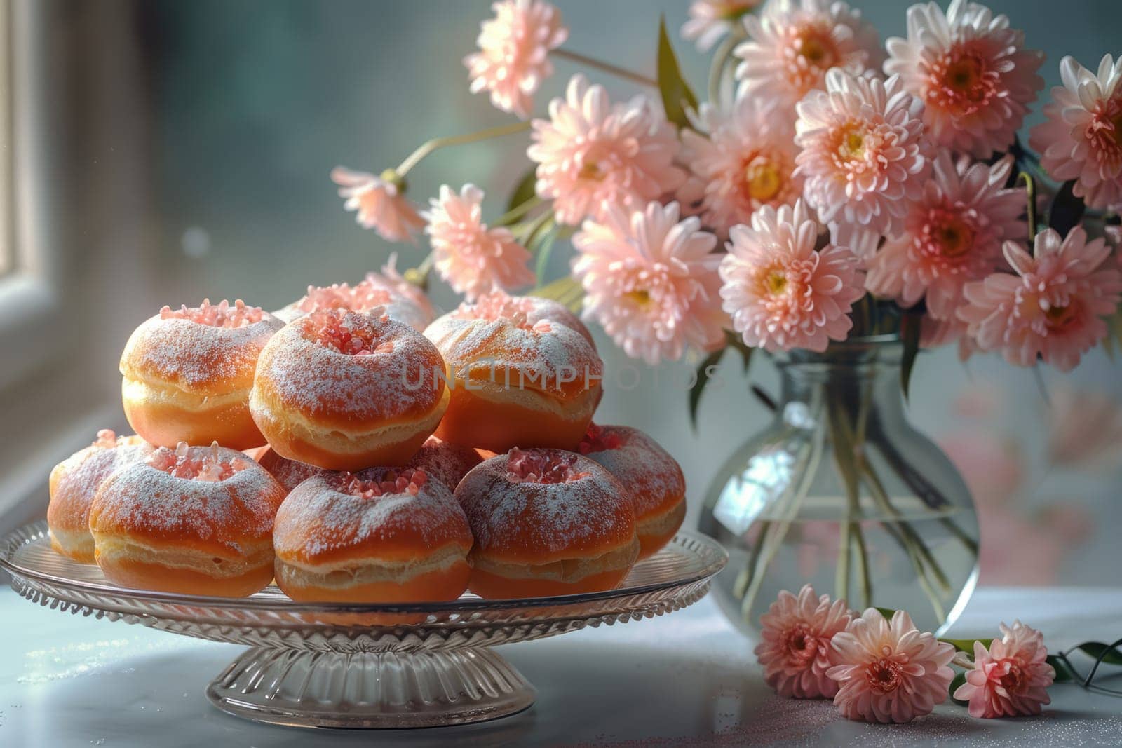 A colorful donut arrangement with pink flowers creates a delightful ambiance for a cozy cafe atmosphere