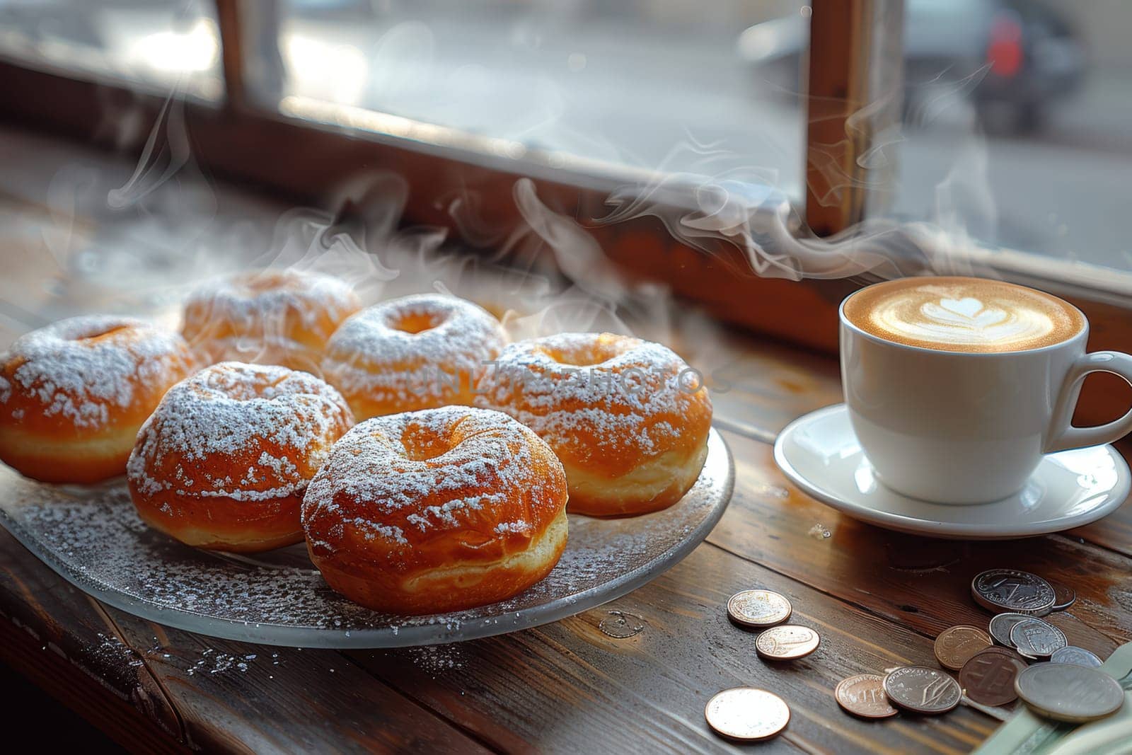 Indulging in delicious donuts generously dusted with powdered sugar placed beside a steaming hot cup of coffee