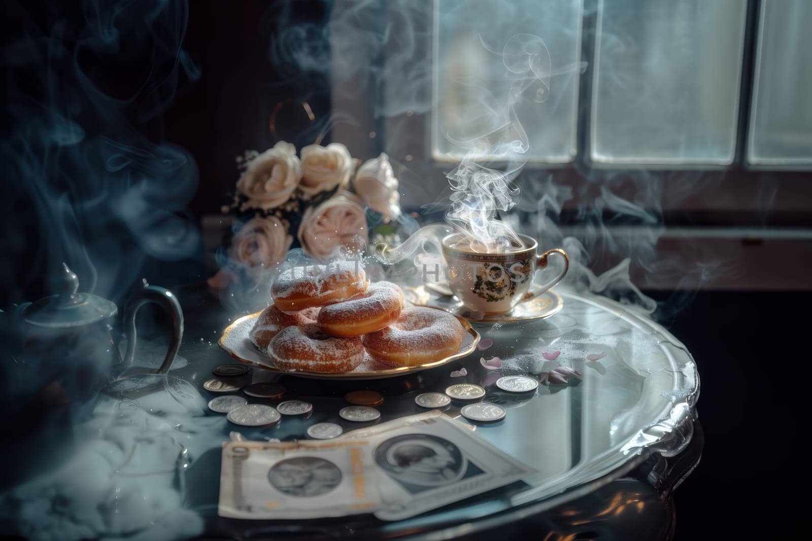 A serene tea setting with delightful pastries, lovely roses, and a steaming cup of tea, invoking tranquility
