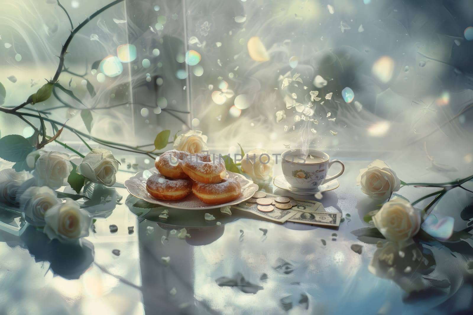 A serene scene with delightful donuts, a lovely tea cup, and delicate flowers creating a peaceful ambiance