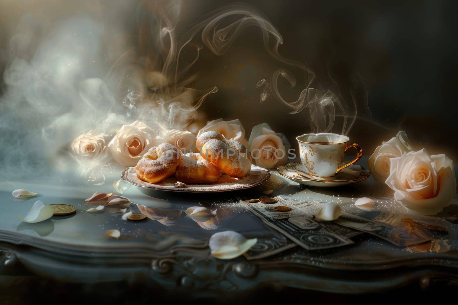 A beautifully arranged tea setting filled with delightful pastries and vibrant roses, exuding an air of pure elegance