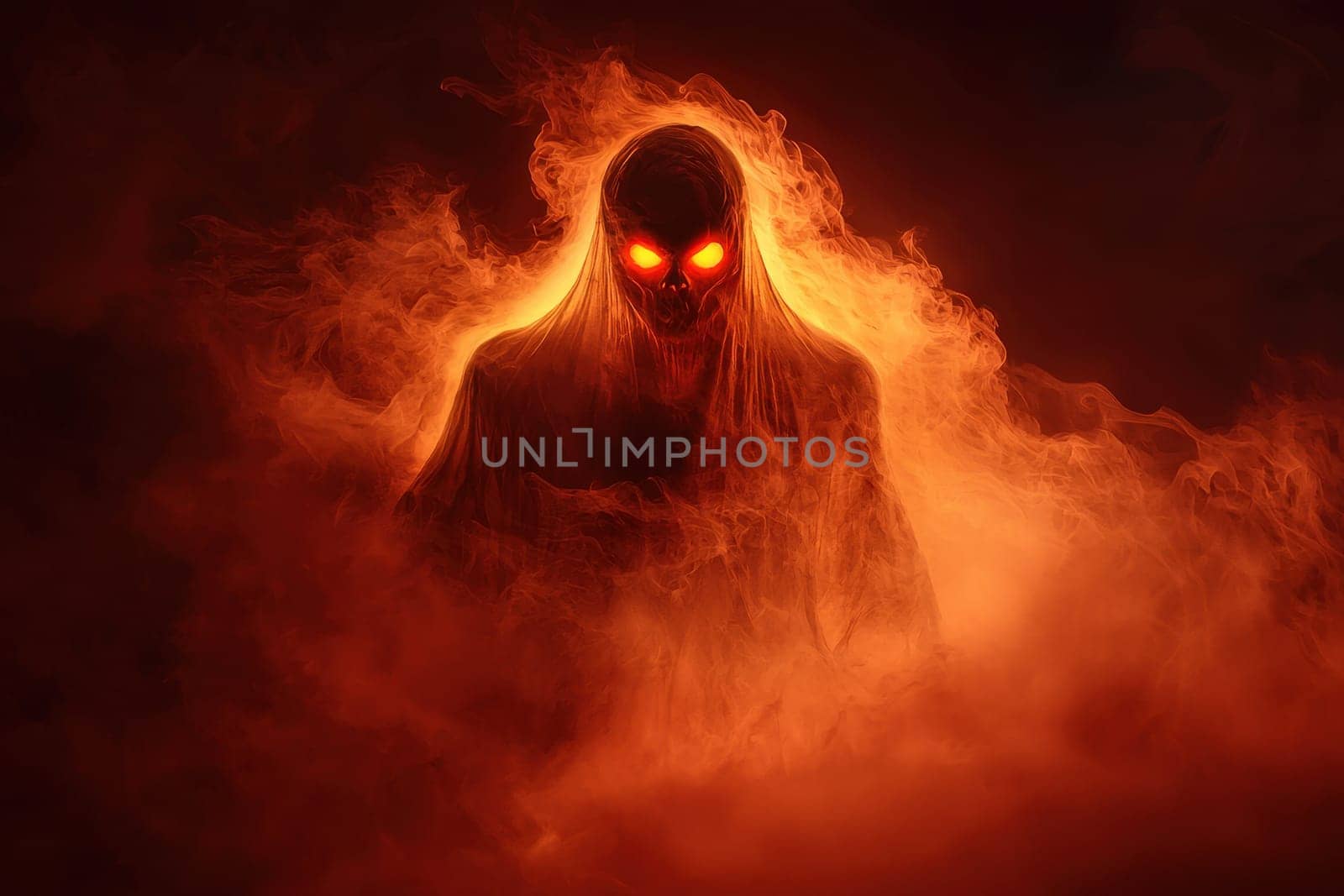 A scary monster with red eyes and a long, twisted body is surrounded by smoke. The smoke is orange and billowing, creating a sense of danger and unease. The monster's appearance is unsettling
