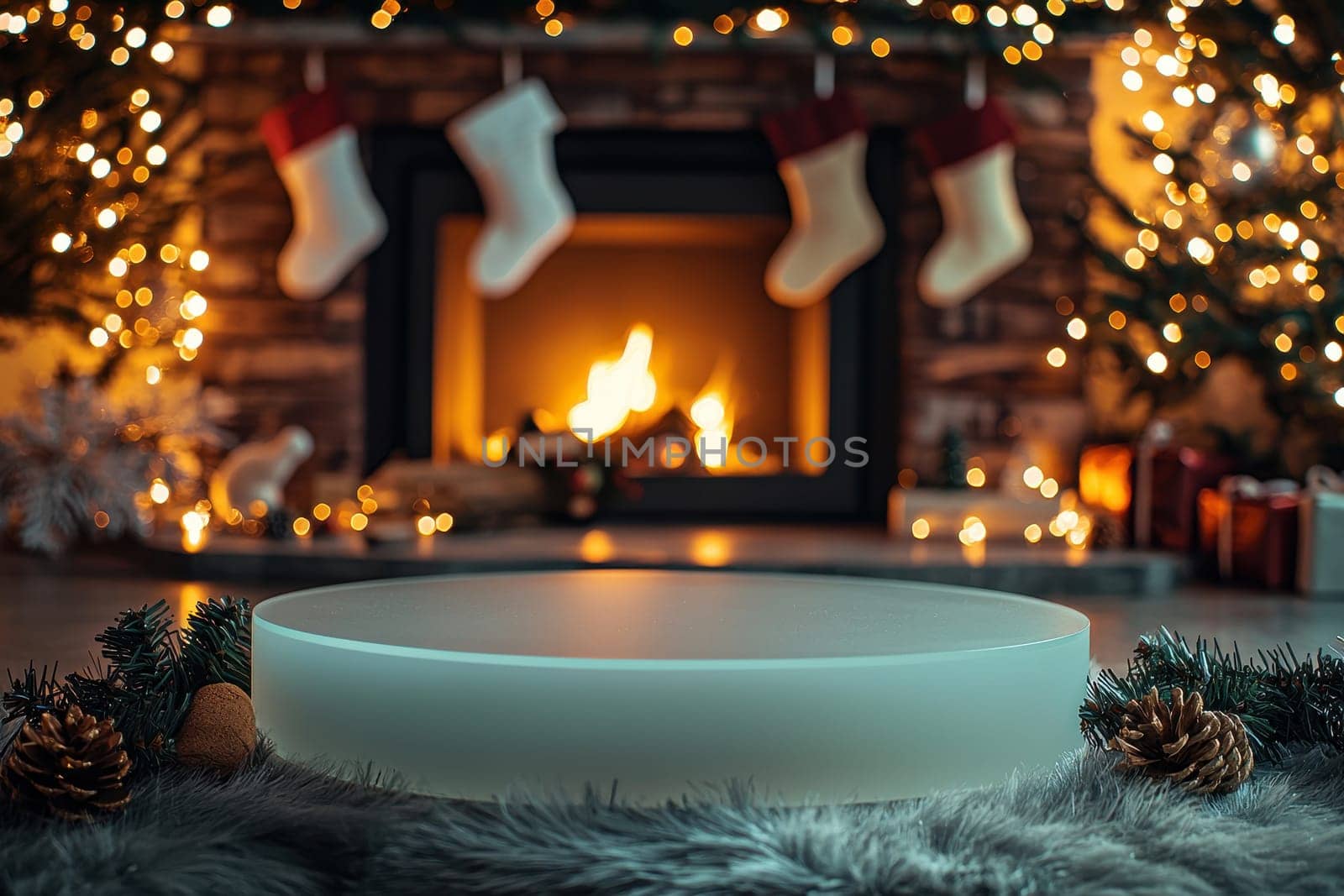 A Christmas scene with a fireplace and a Christmas tree. The fireplace is lit and there are four red stockings hanging above it. The scene is warm and cozy, with a festive atmosphere
