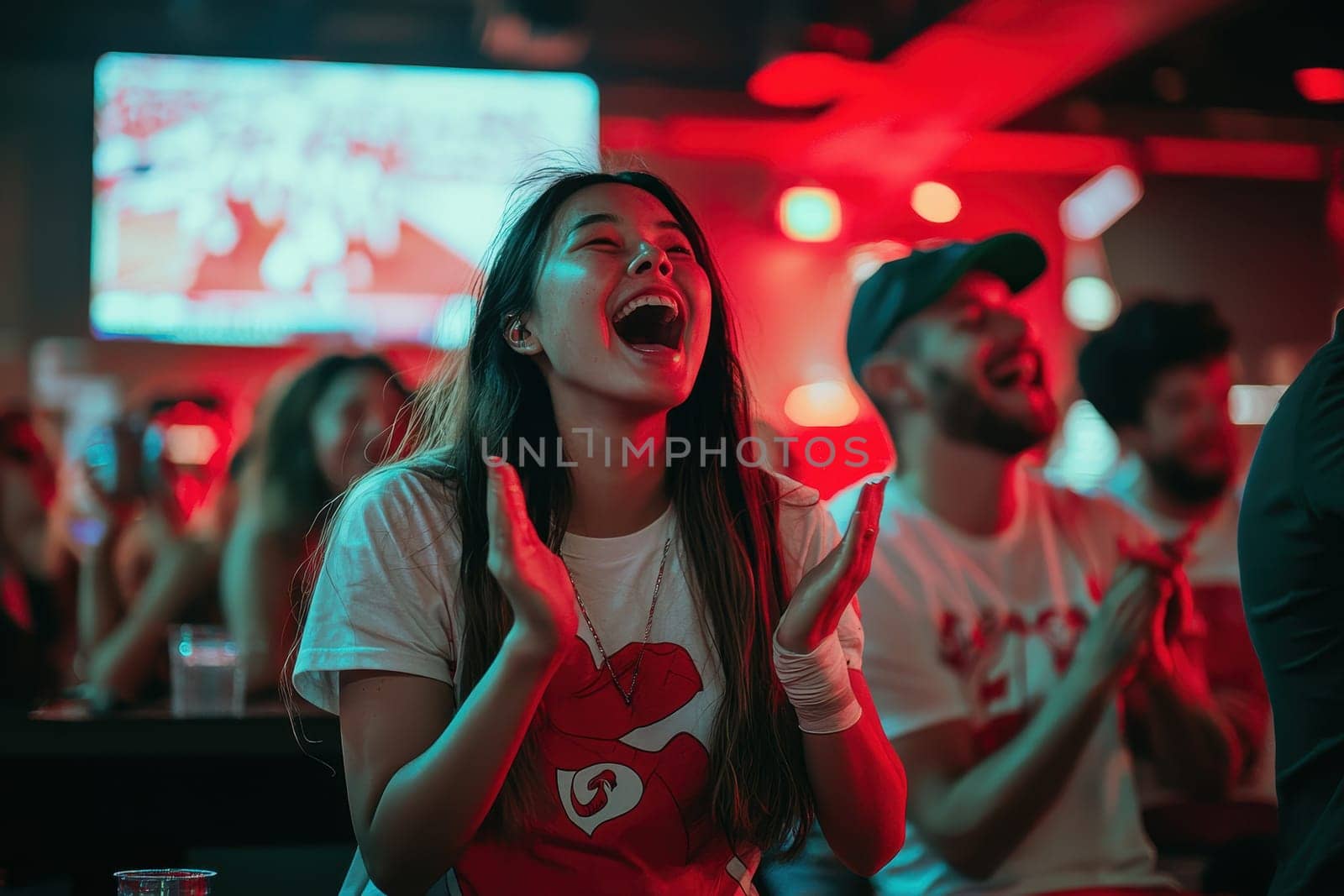 A woman is smiling and clapping while watching a sports game. The atmosphere is lively and energetic, with many people in the background also clapping and cheering