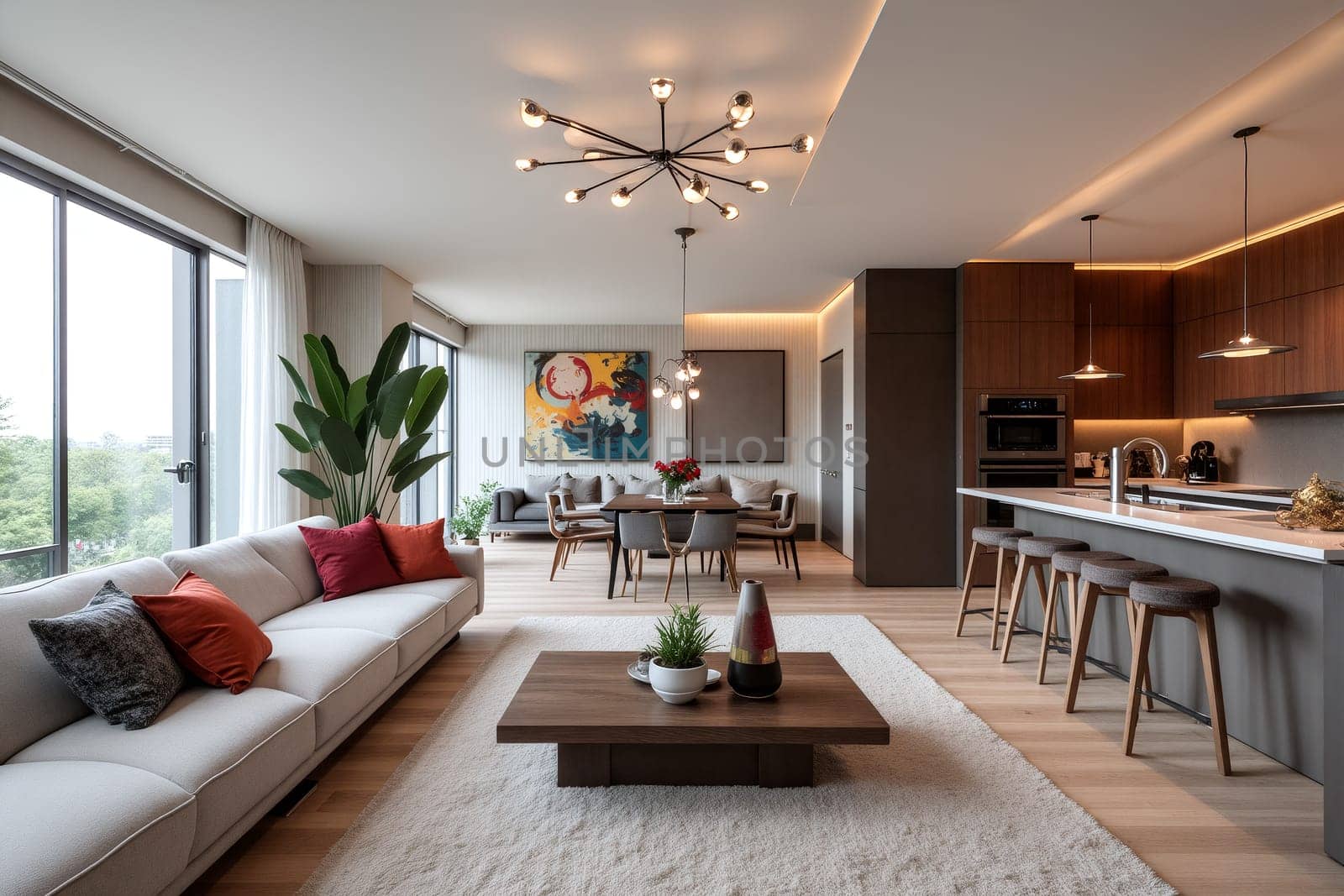 A contemporary living room features a sleek sofa, vibrant cushions, and a stylish dining area illuminated by warm lighting, with large windows offering a view of nature - Generative AI