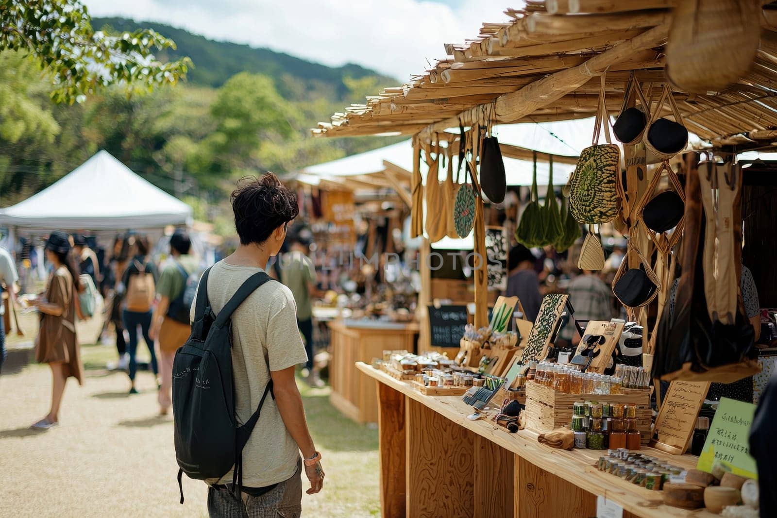 A person enjoys the lively atmosphere of an outdoor marketplace, surrounded by handcrafted goods and natural products under a bright sky, highlighting community engagement and creativity.