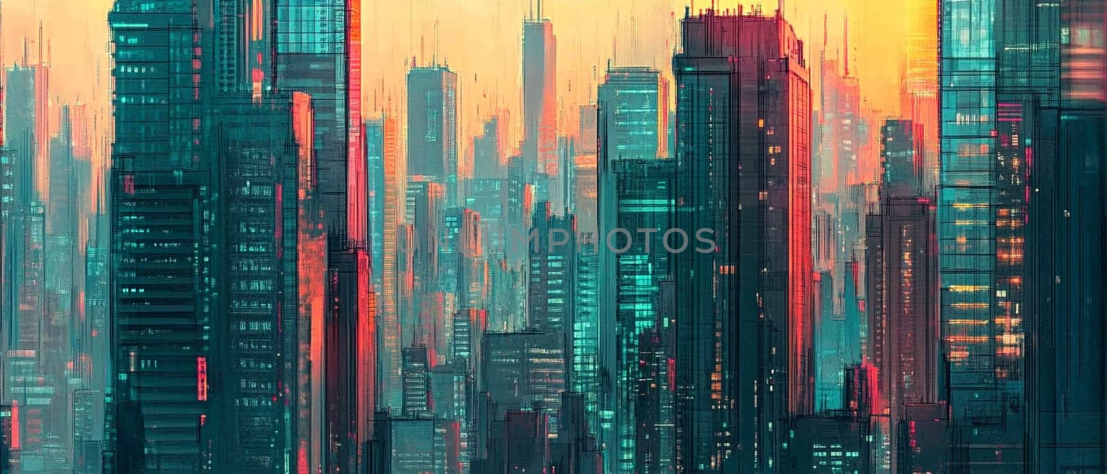 This futuristic cityscape shows a dense cluster of skyscrapers lighting up as the sun sets below the horizon. The warm hues of the sunset contrast beautifully with the cool tones of the buildings
