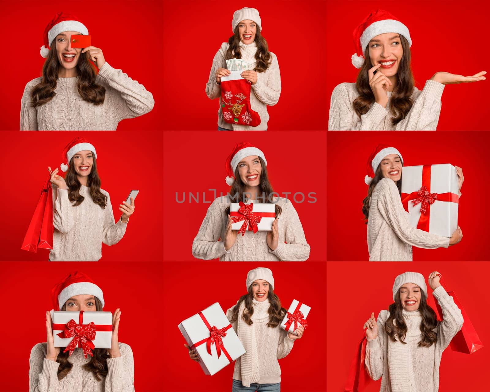 A happy woman dressed in a cozy sweater and Santa hat engages in festive activities, showcasing joy with various Christmas gifts and decorations against a bright red backdrop.