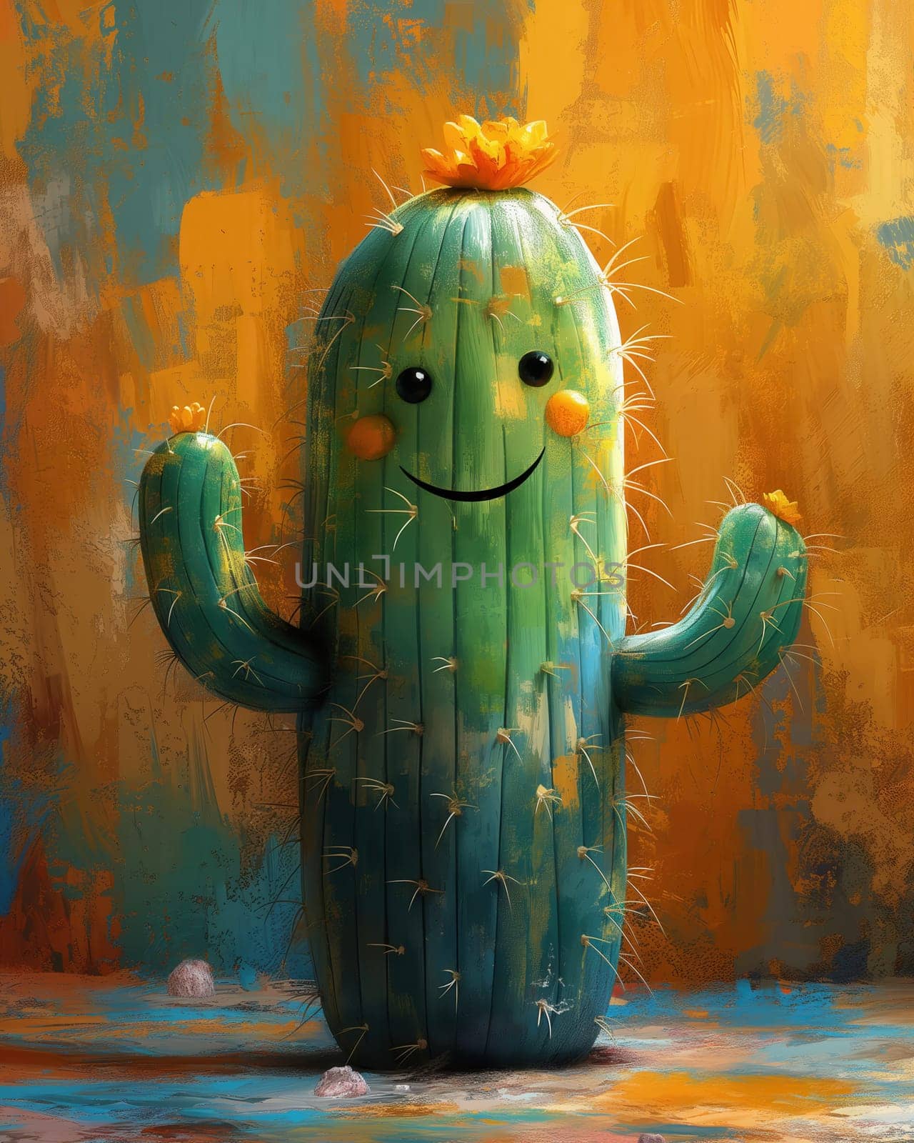Cartoon cactus on abstract background. Selective focus.