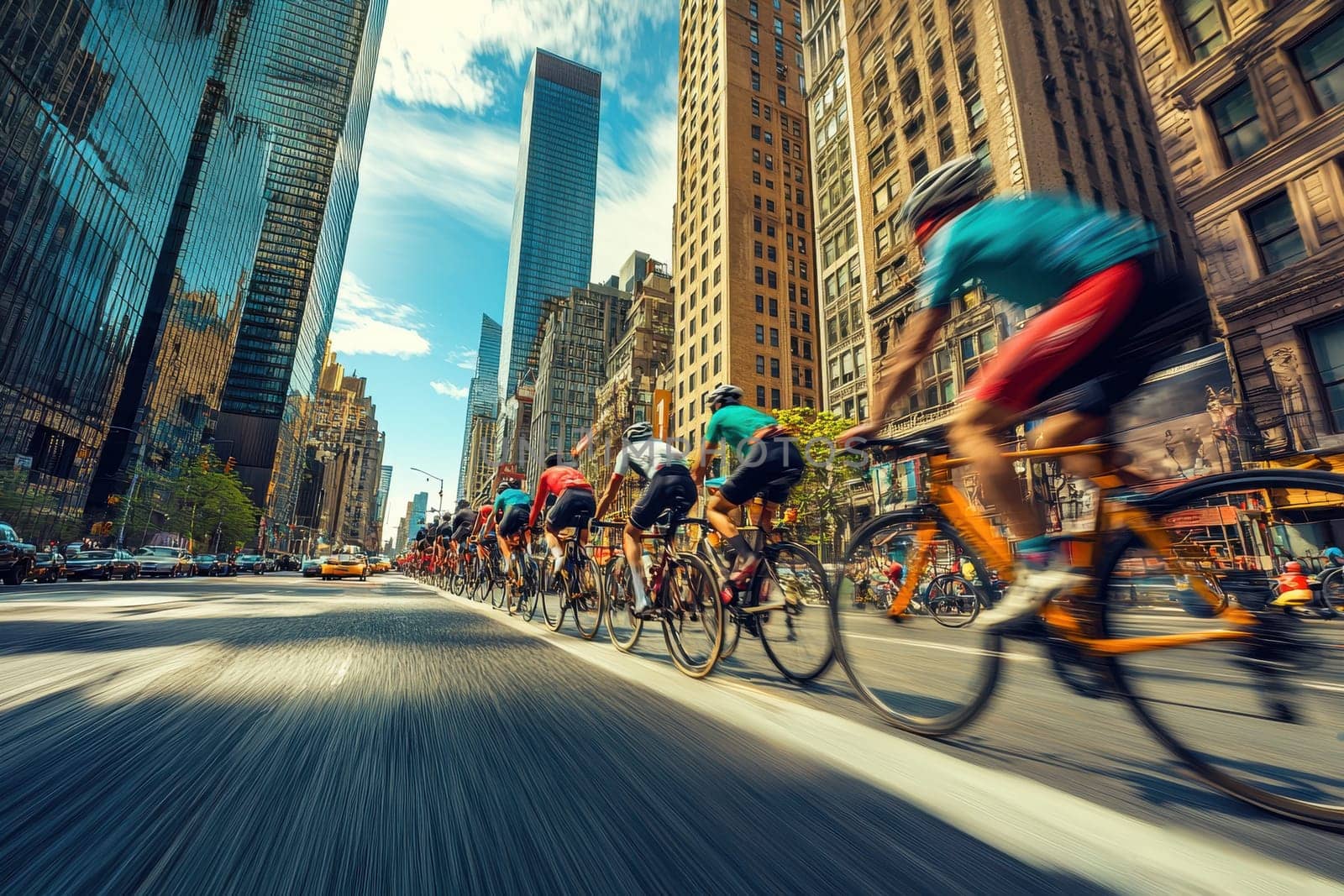 A dynamic urban scene featuring cyclists racing through a bustling city street surrounded by towering skyscrapers and a bright blue sky, capturing the thrill of competition.