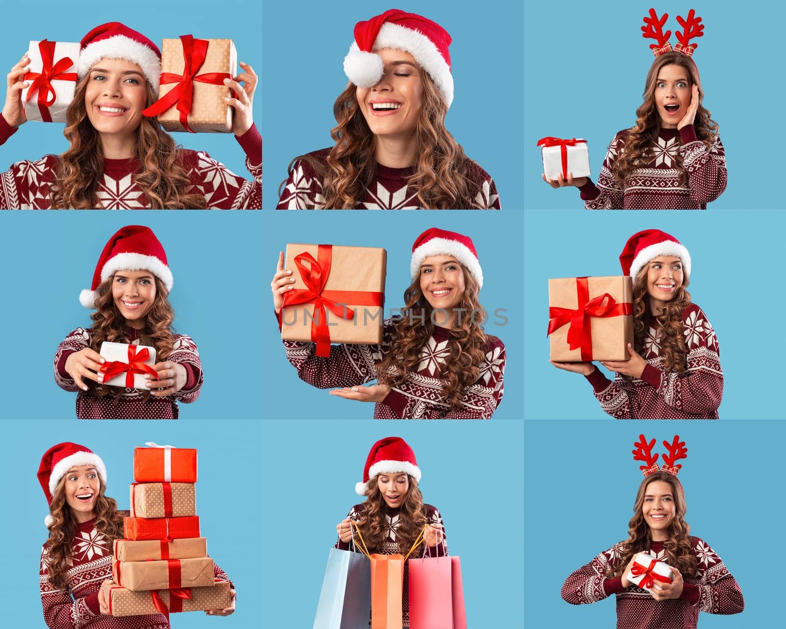 A cheerful lady wearing a Santa hat and festive sweater joyfully holds and showcases various wrapped holiday gifts, capturing the spirit of celebration during the festive season.