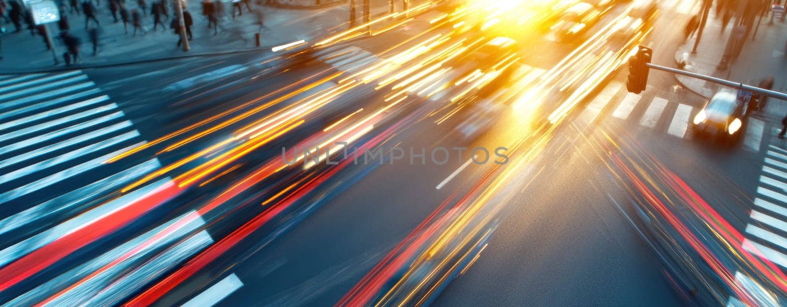 vibrant city intersection with blurred lights and busy traffic.
