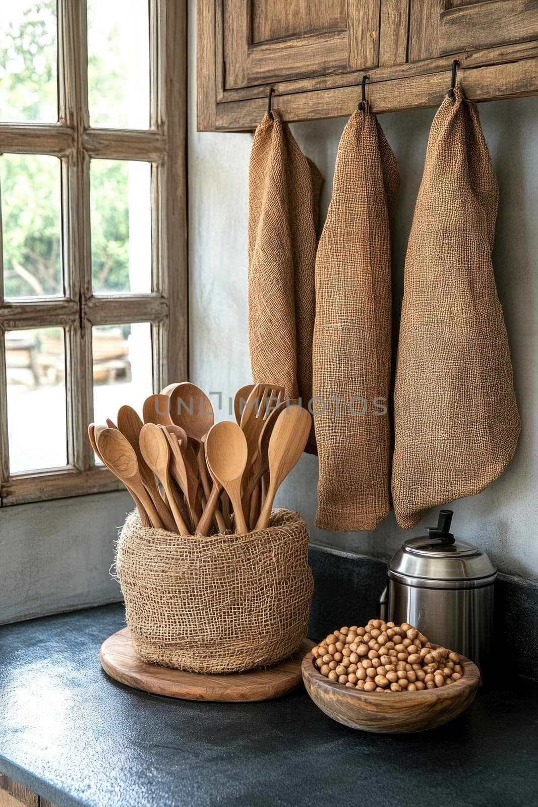 Eco-friendly tools: essential wooden utensils designed for sustainable kitchens, inviting and green culinary space that highlights importance of reducing plastic waste, embracing natural alternatives