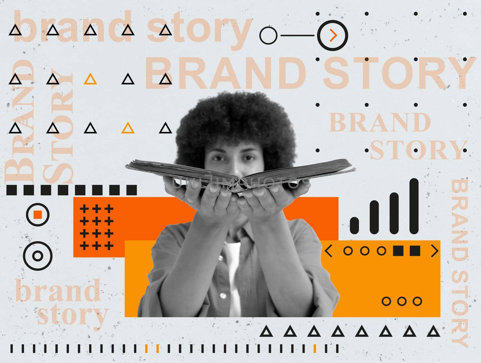 Collage about brand story. Young woman holding open book.