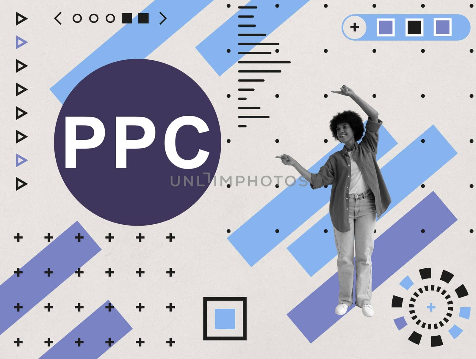 Collage with woman pointing at abbreviation PPC Pay per click. by designer491