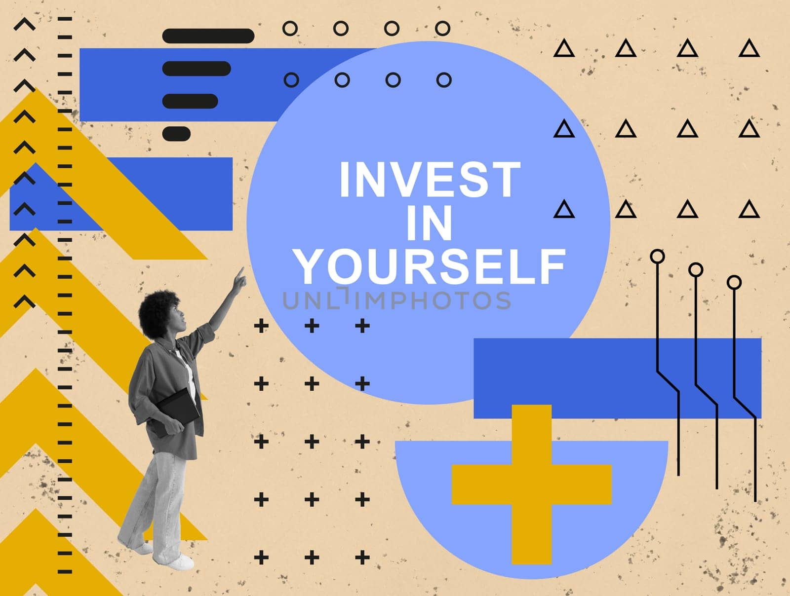 Conceptual collage with woman pointing at an inscription Invest in yourself. by designer491
