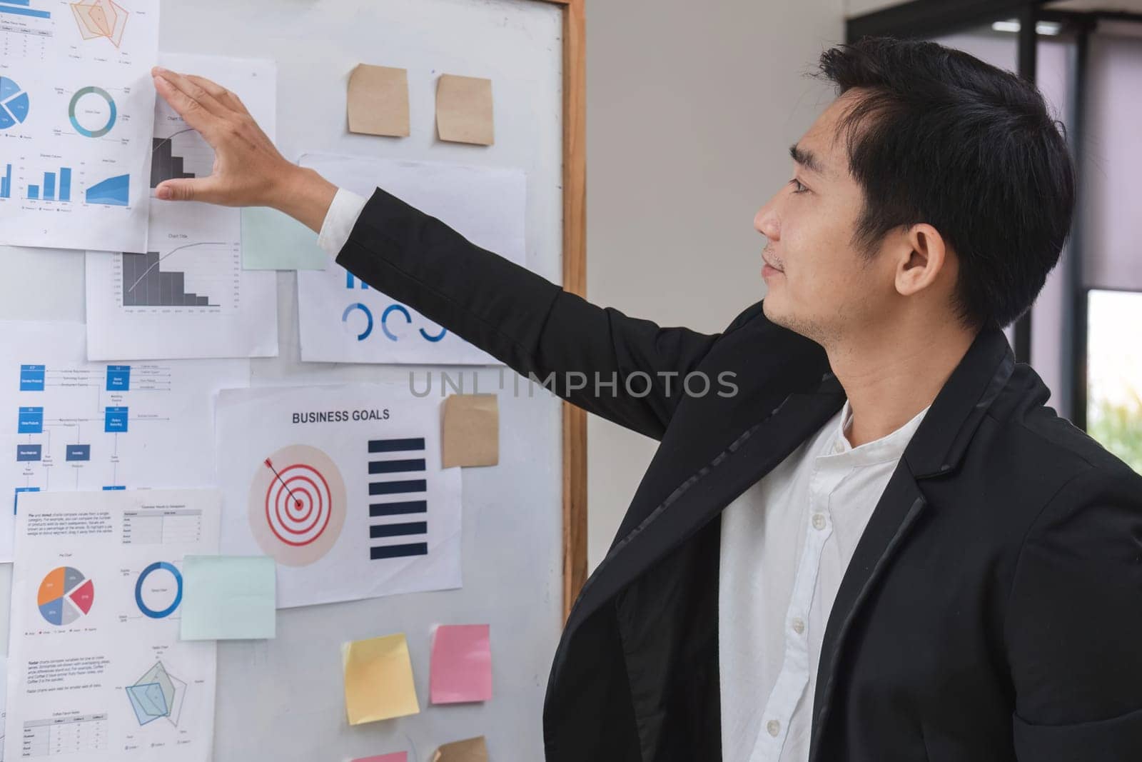 businessman presenting data analysis on a board to his colleagues in the company..