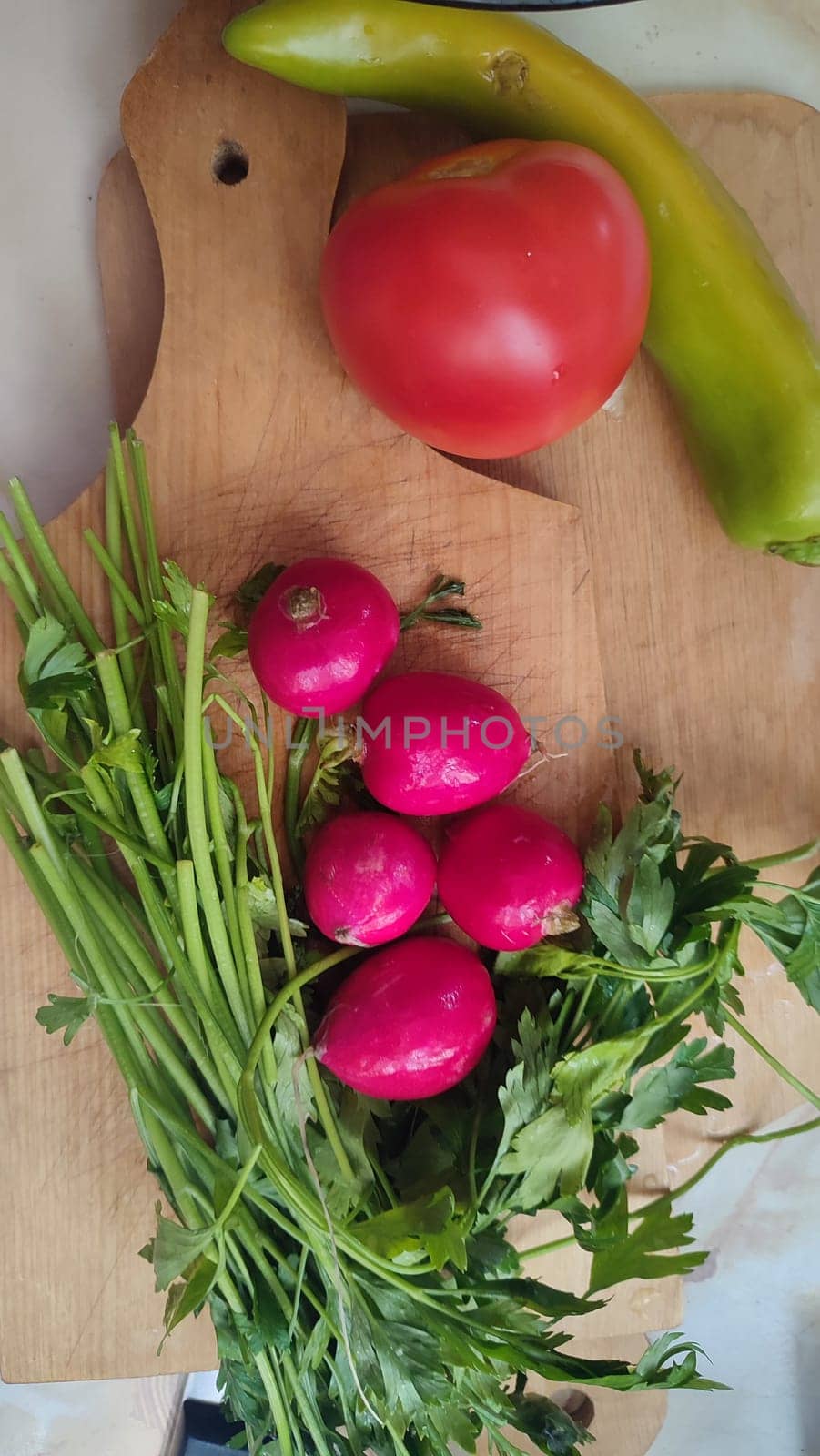 green khasa salad, hot pepper and tomato, vegetables food. High quality photo