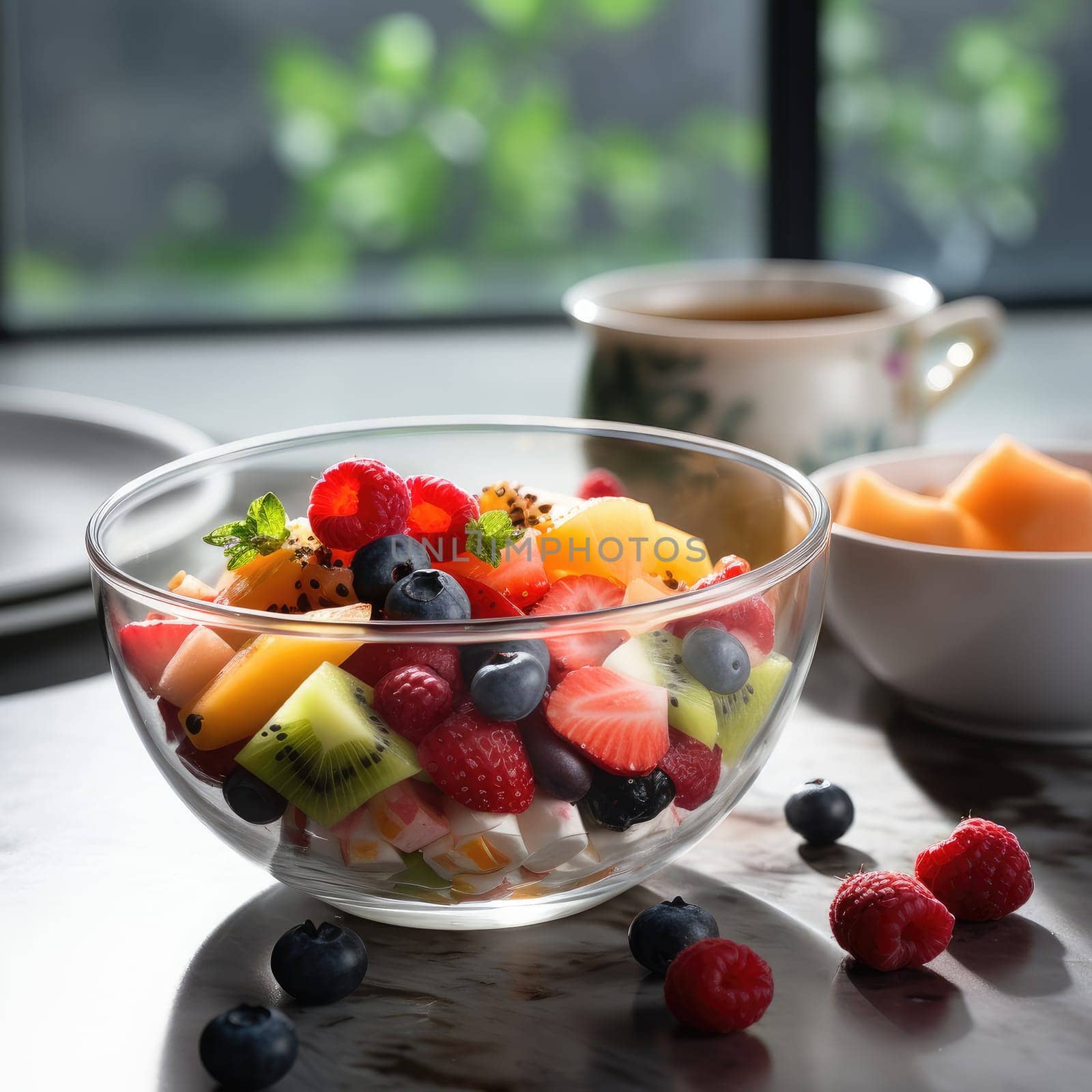 Bowl of healthy fresh fruit salad on dark background, AI Generated