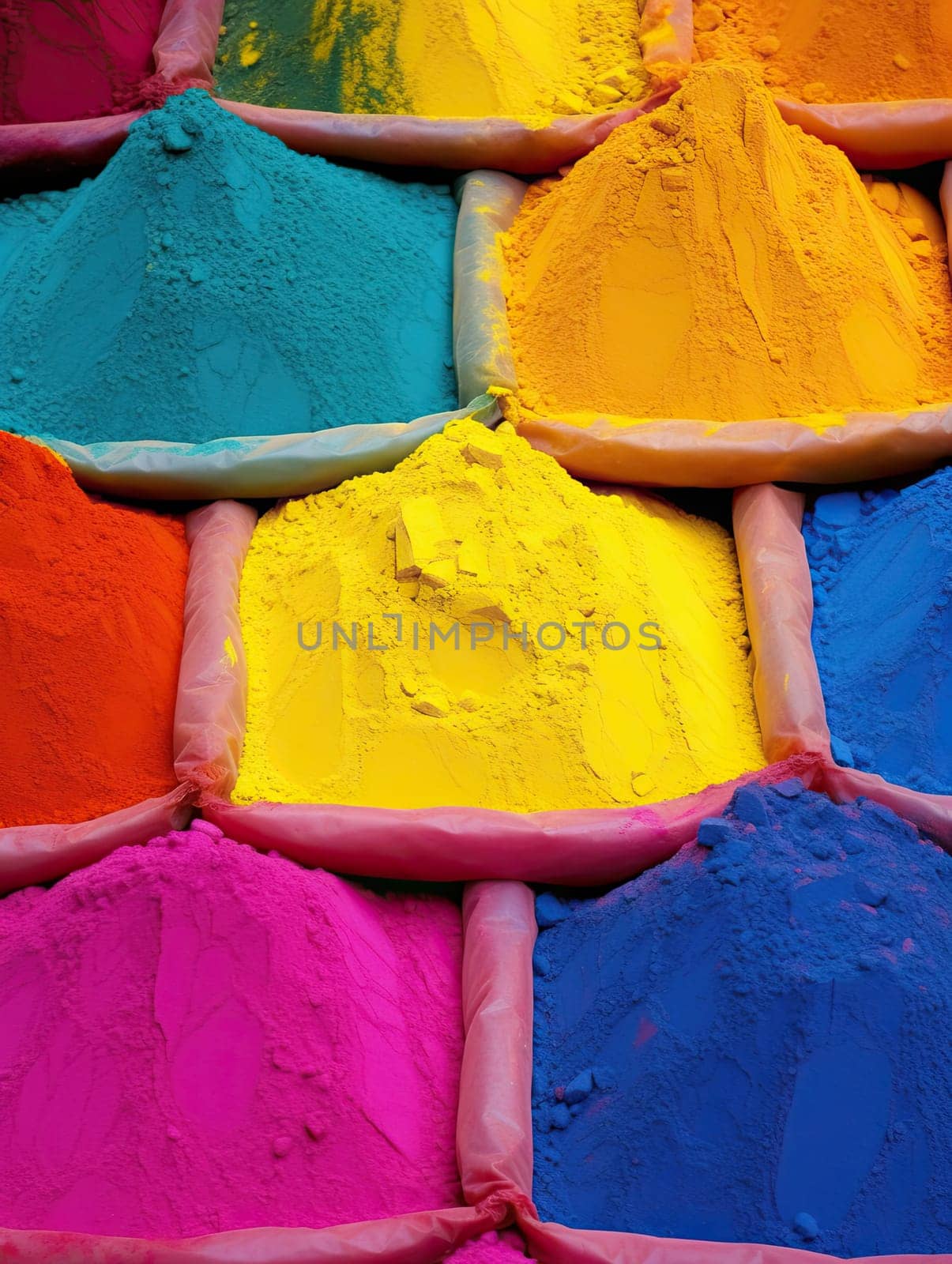 Colorful holi powders background in small sacks.