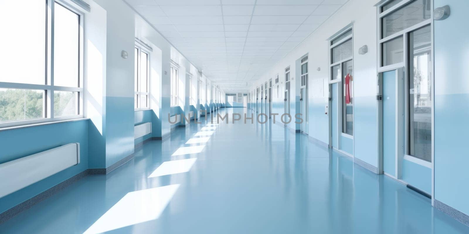 Hospital corridor with windows and blue walls, in the style of bokeh, light gray, bauhaus, light white, skillful. Generative AI image weber.