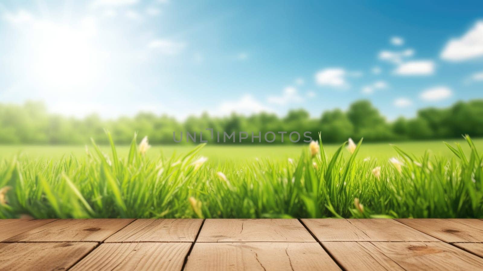 A natural spring garden background of fresh green grass with a bright blue sunny sky with a wooden table. Generative AI weber. by biancoblue