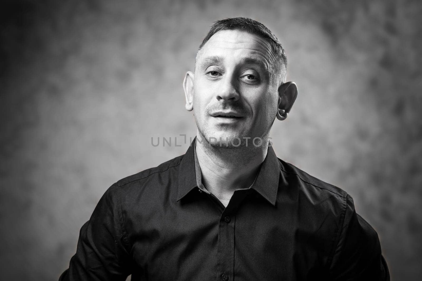 black and white portrait of a man in a shirt by EkaterinaPereslavtseva