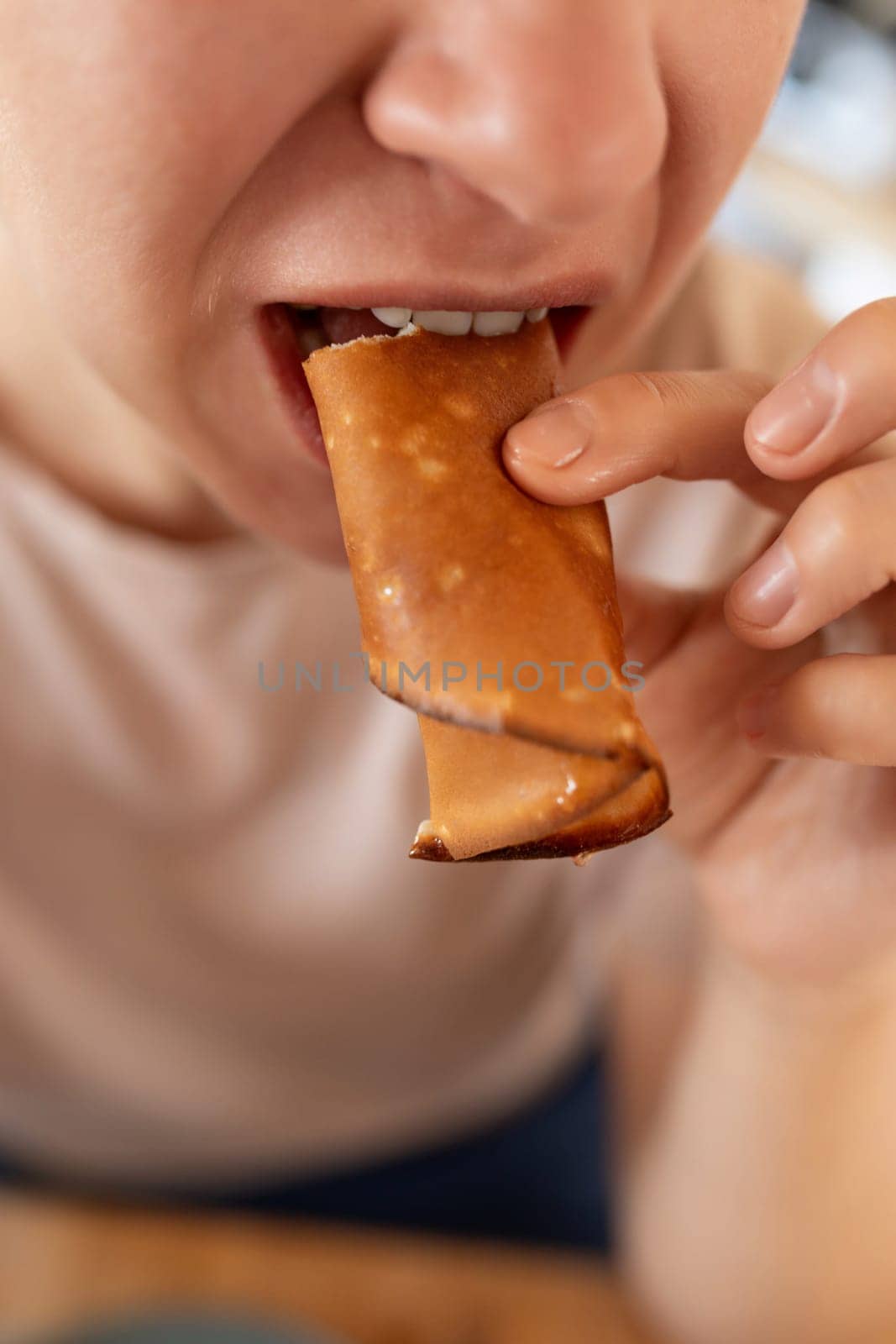 woman slowly eats flour for breakfast in the morning by TRMK