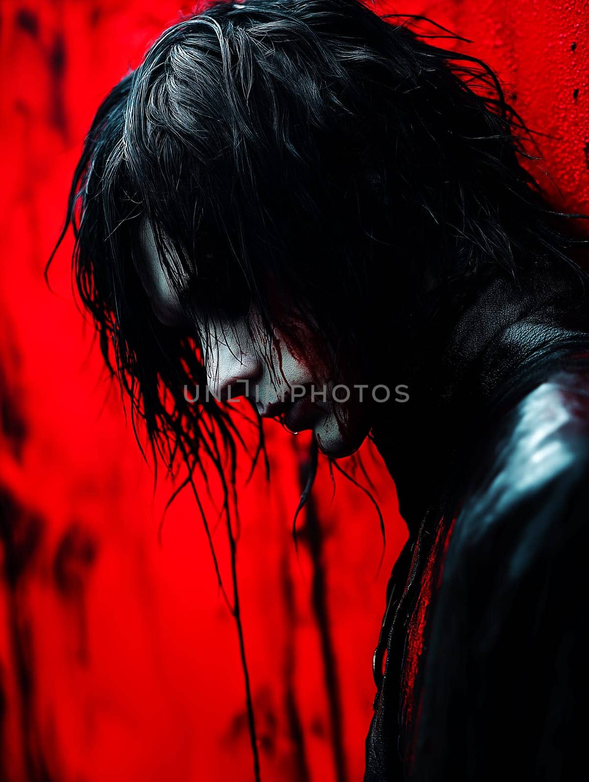 A woman with long hair and a black outfit is standing in front of a red wall. The image has a dark and eerie mood, with the woman's appearance and the red background creating a sense of foreboding