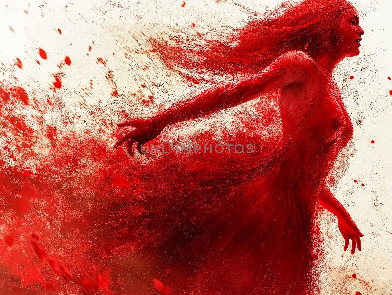 A woman in a red dress is shown in a painting with red splatters all over her. The painting has a dark and intense mood, with the woman's red dress