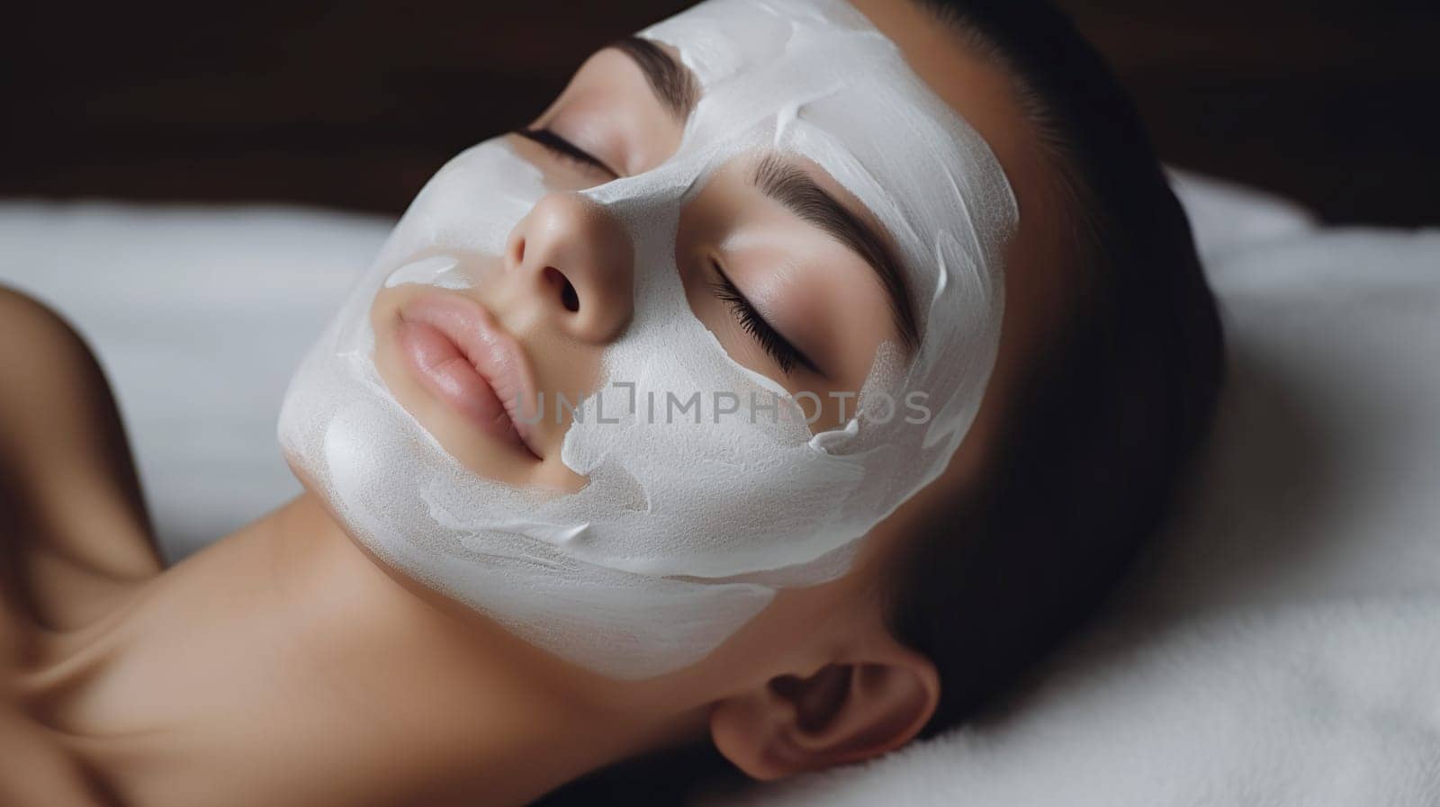 A woman is seen laying down comfortably, wearing a white mask that covers her face to soothe or treat her skin