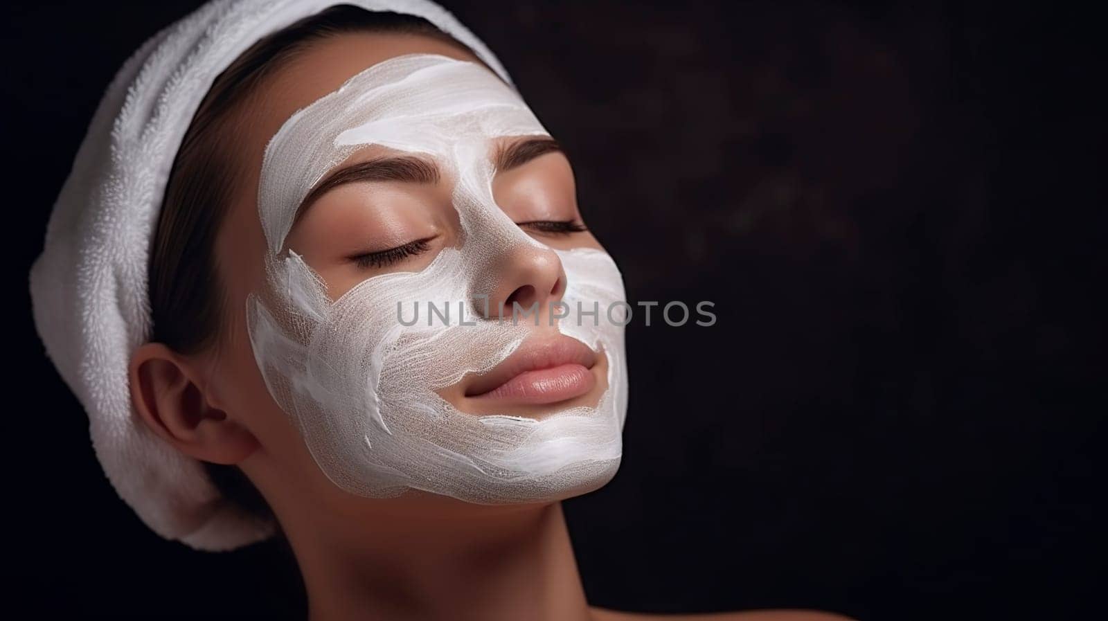 A woman is currently seen wearing a towel that is wrapped around her head while simultaneously sporting a facial mask on her face
