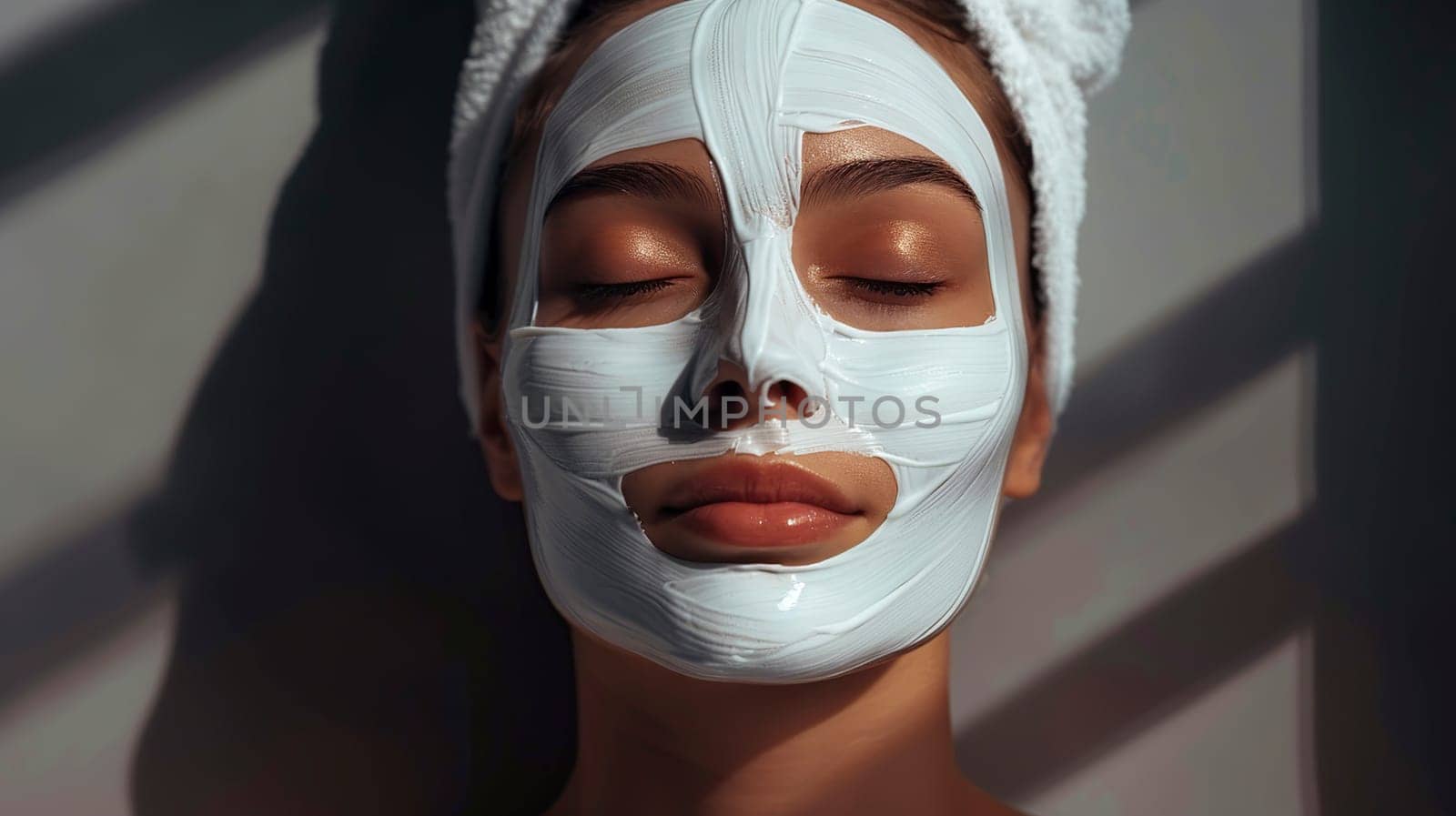 A woman is currently seen wearing a towel that is wrapped around her head while simultaneously sporting a facial mask on her face