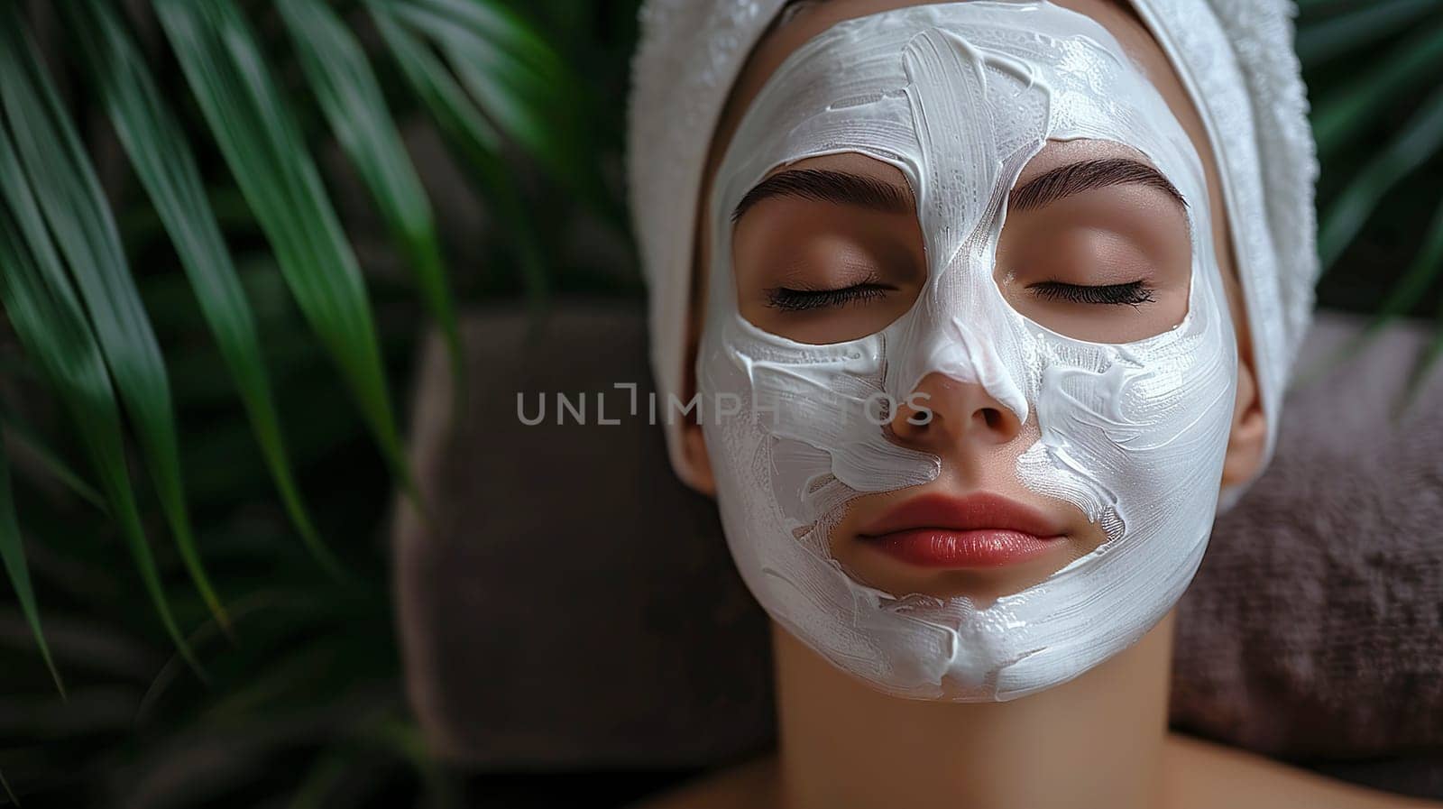 A woman with a towel wrapped securely around her head is wearing a white mask that covers her face completely at this moment