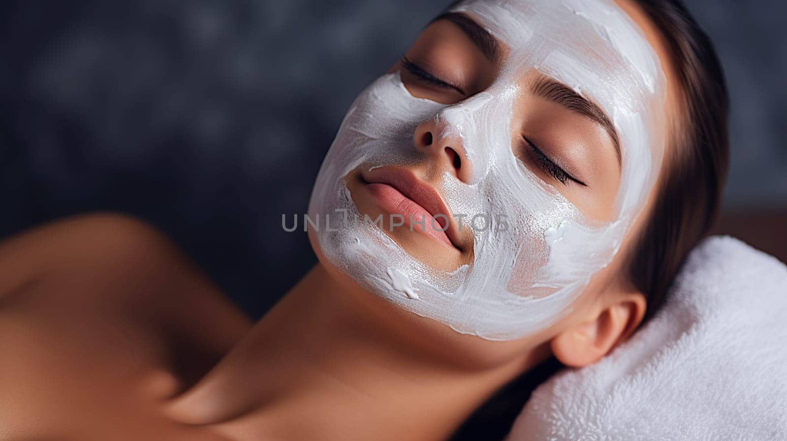 A woman is seen laying down comfortably, wearing a white mask that covers her face to soothe or treat her skin