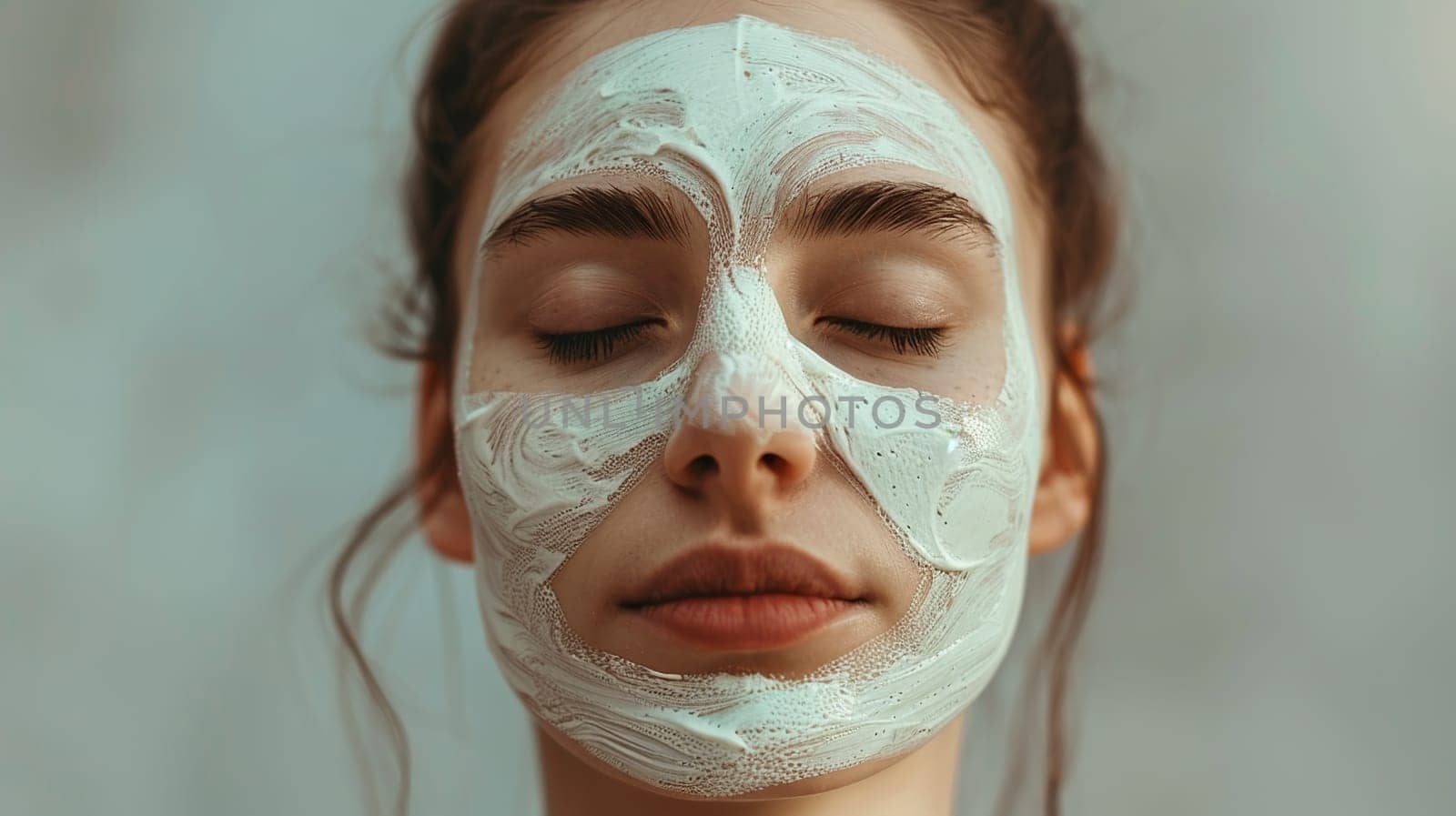 A woman is currently seen wearing a towel that is wrapped around her head while simultaneously sporting a facial mask on her face