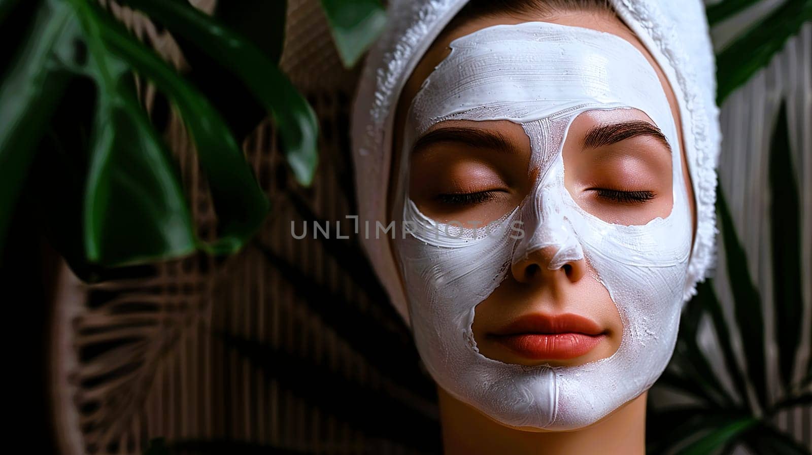 A woman with a towel wrapped securely around her head is wearing a white mask that covers her face completely at this moment