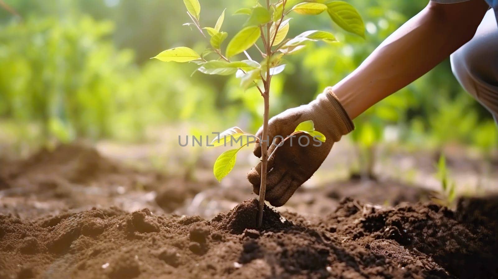 A person is carefully planting a small green plant into the rich, brown dirt, ensuring it has enough space to grow and flourish
