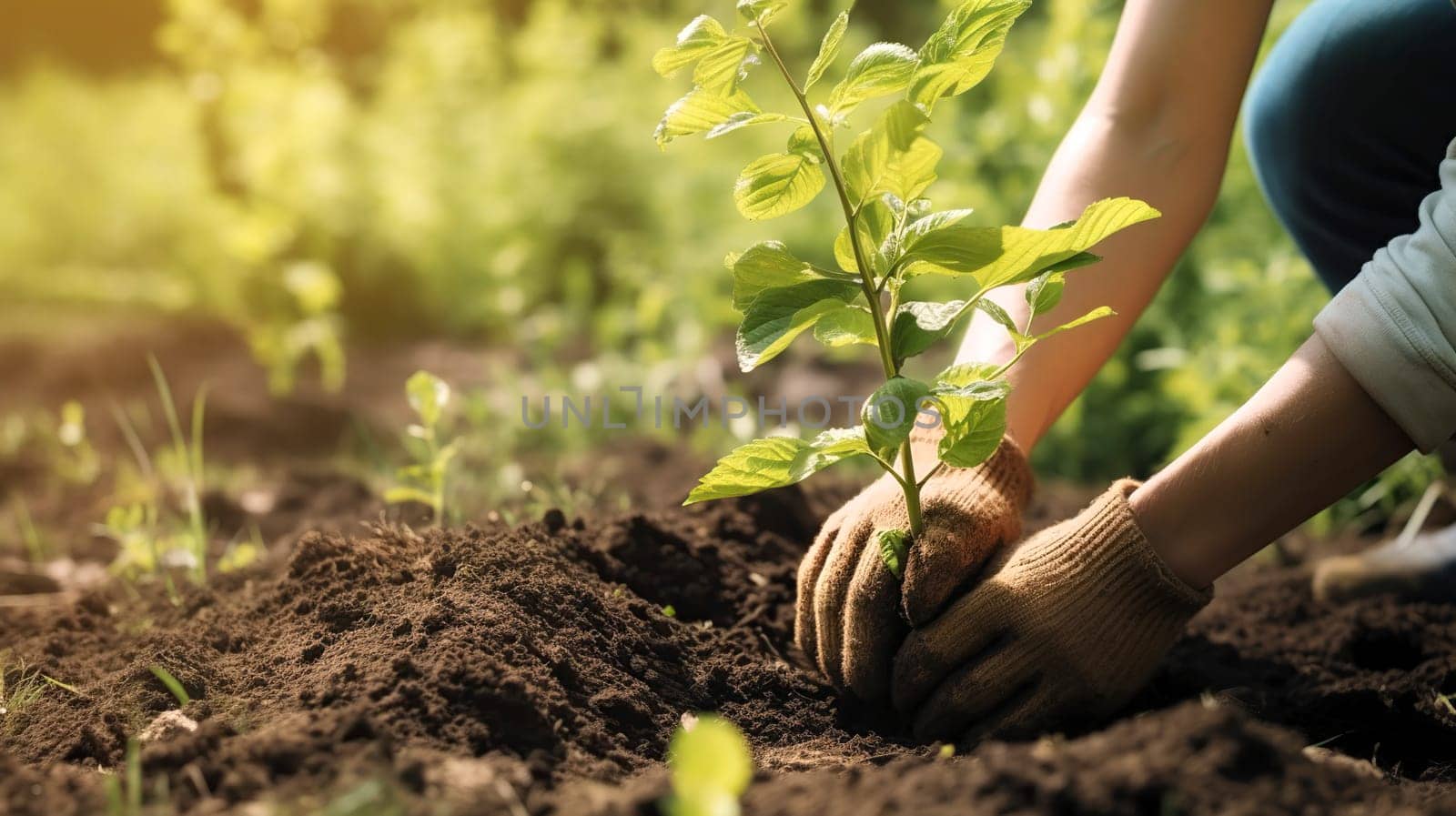 A person is carefully planting a small green plant into the rich, brown dirt, ensuring it has enough space to grow and flourish